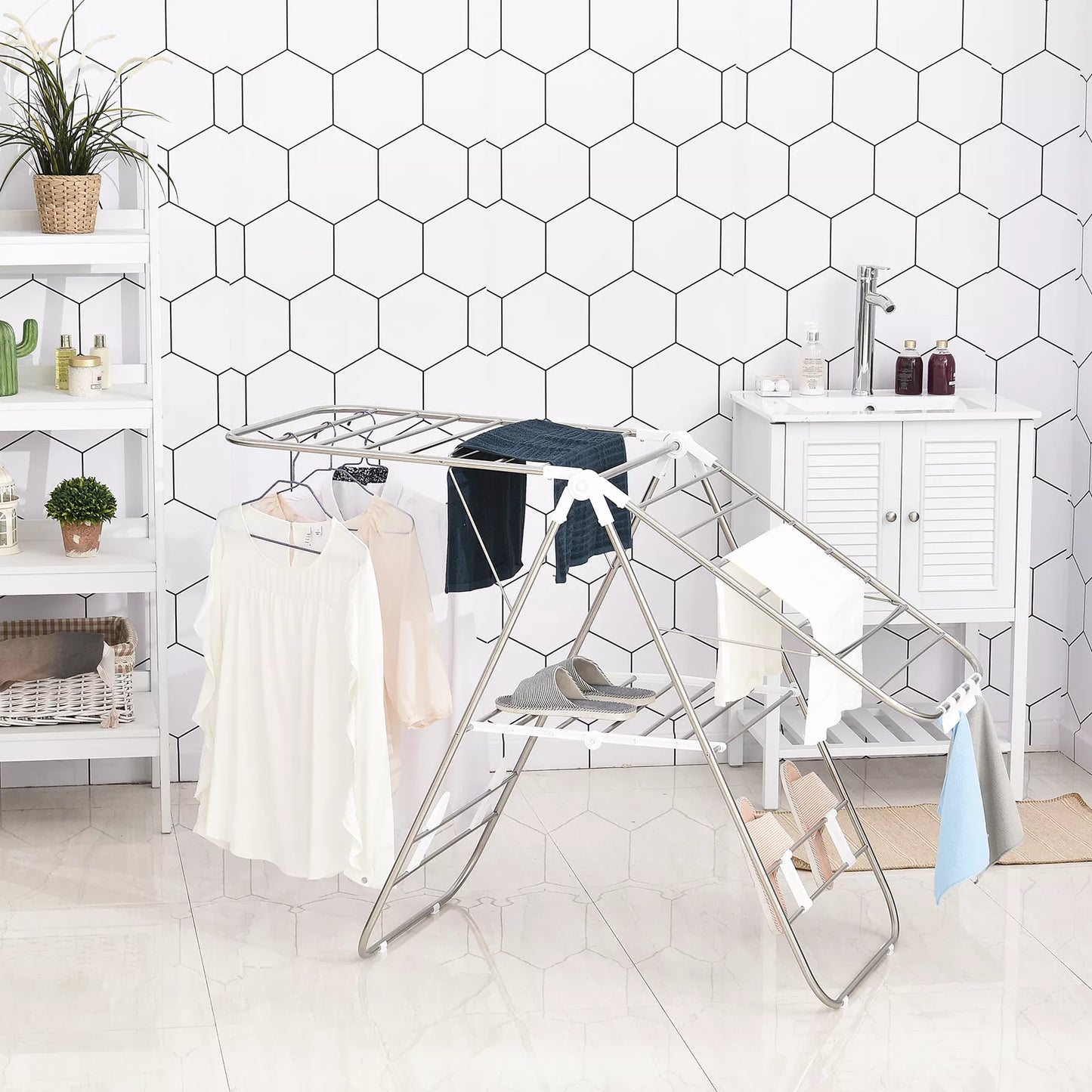 Skalbinių džiovintuvas 1,48 m džiovinimo ilgis, nešiojamas stovinis džiovintuvas su teleskopinėmis strypais, sparninis skalbinių džiovintuvas, skalbinių džiovintuvas vidaus ir lauko naudojimui, sidabrinis + baltas