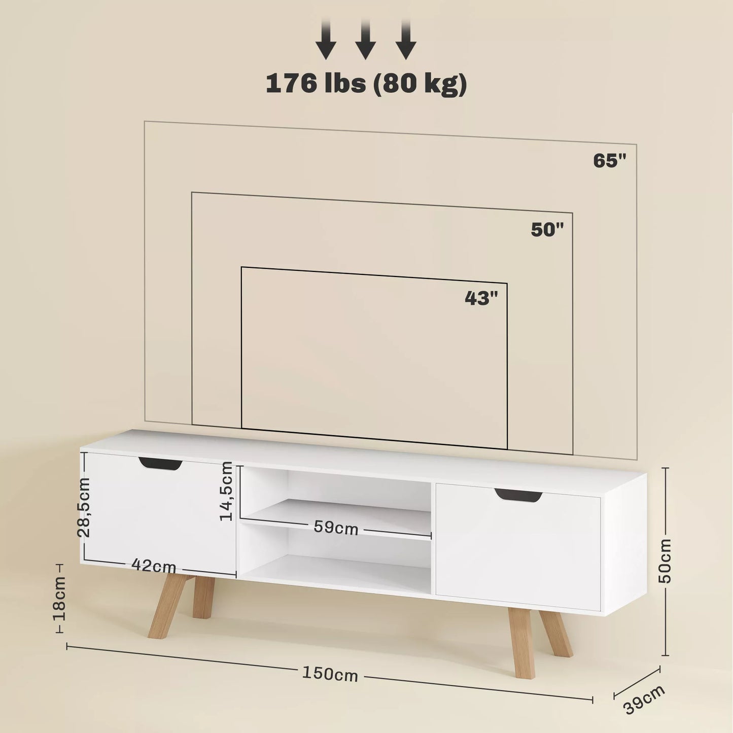 TV komoda su stalčiais ir atviromis lentynomis, MDF, 150 x 39 x 50 cm, Balta