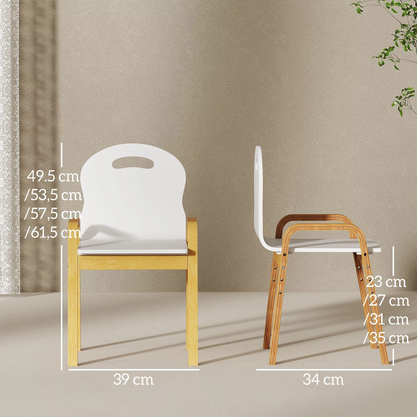 Medinių kėdžių rinkinys vaikams, neslystantys kojų padai, 3–15 metų, reguliuojamas aukštis, baltos spalvos