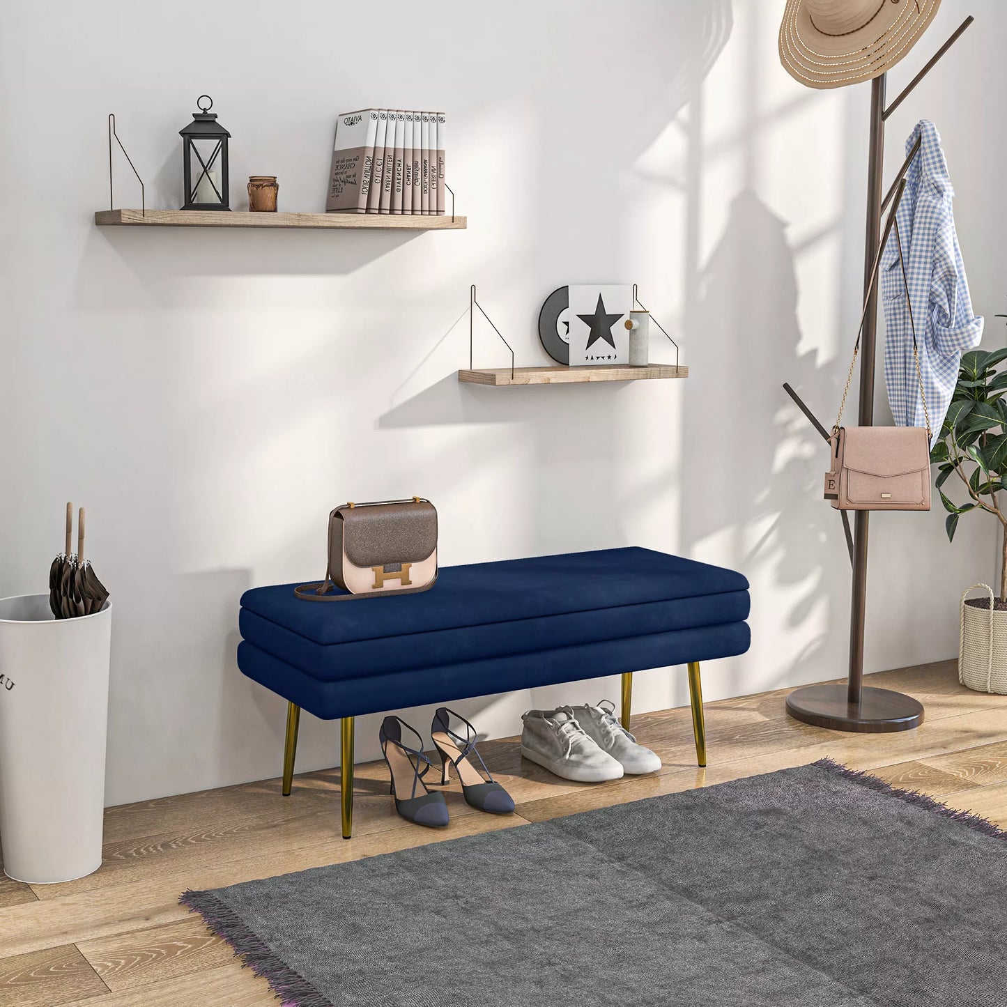 Atlošiamas suoliukas su daiktadėže, plienas, 100 cm x 37,5 cm x 42 cm, mėlynas