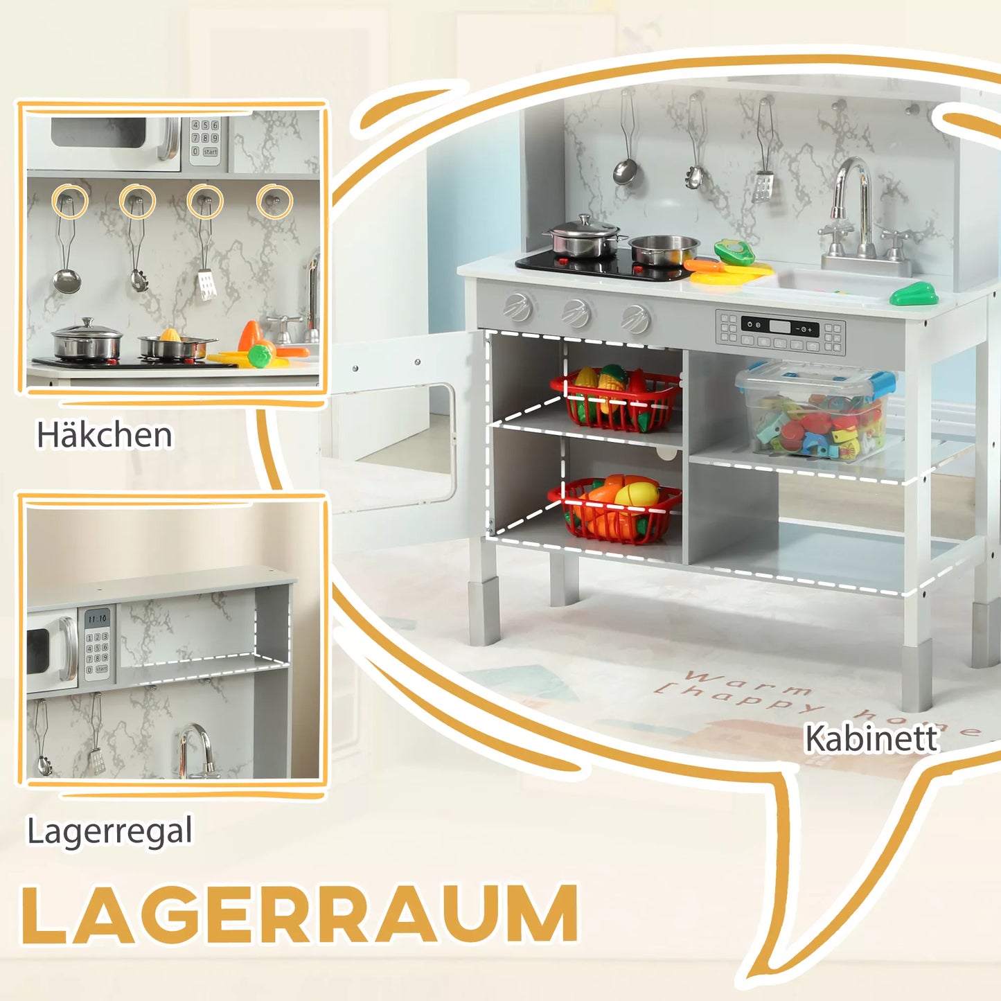 Žaidimų virtuvėlė su virykle, mikrobangų krosnele, daug priedų, reguliuojamo aukščio, 70,1 x 28 x 90,2/96,1 cm, balta