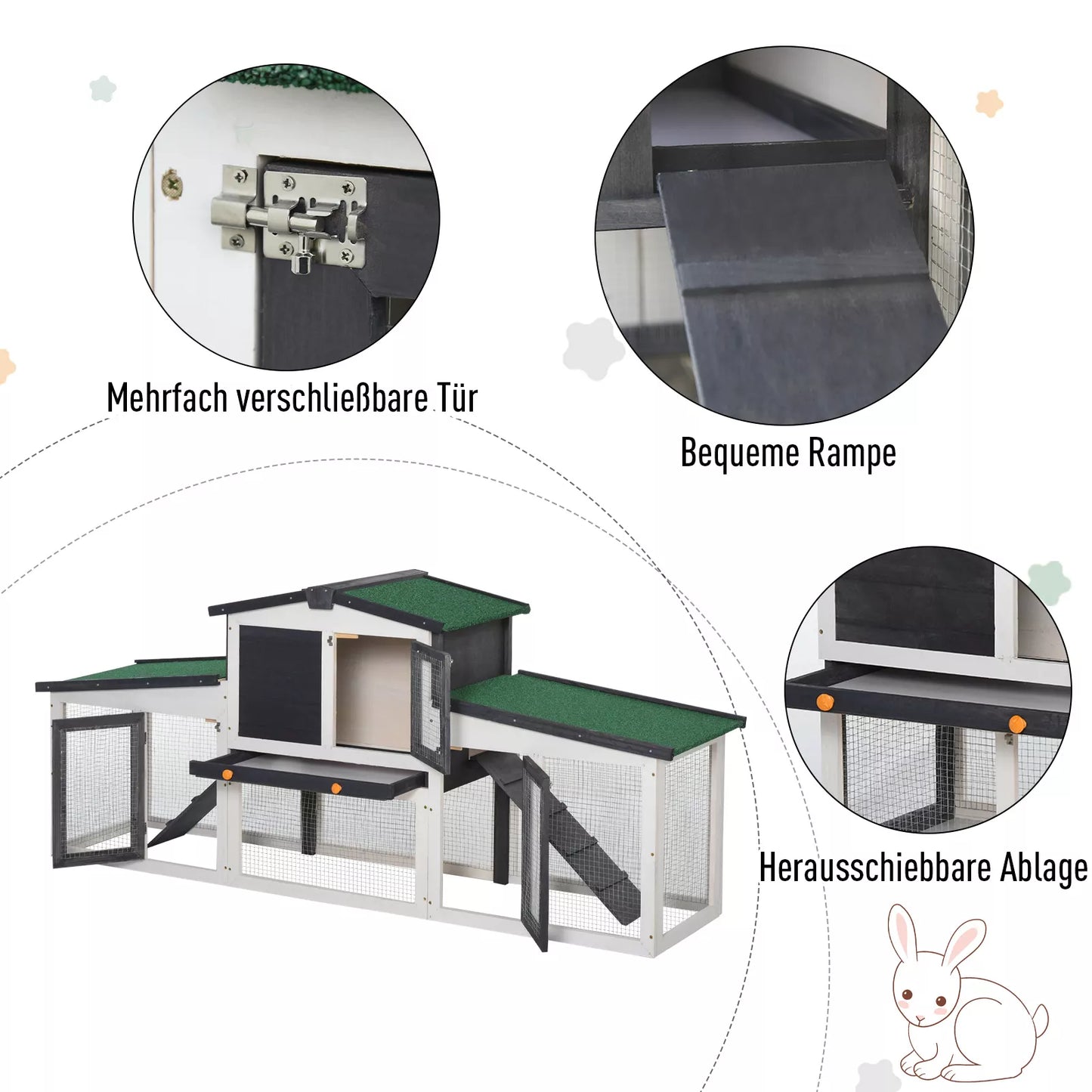 Voljeras smulkiems gyvūnams su 2 lauko aptvarais, atsparus oro sąlygoms, eglės mediena, balta + žalia