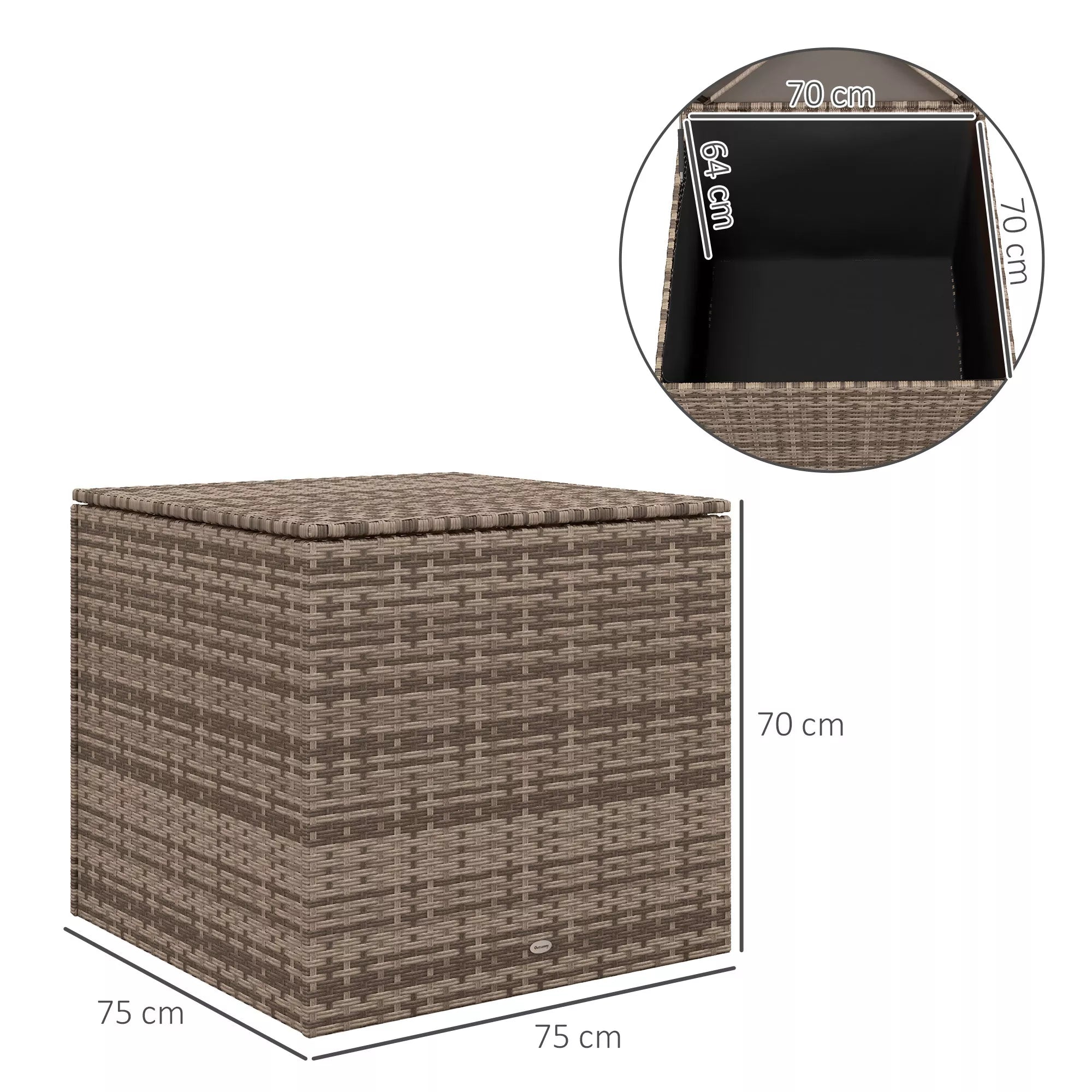 Polyrattan laikymo dėžė, audinio vidinis pamušalas, lengvai atidaroma/uždaroma, metalinis rėmas, 75B x 75T x 70H cm, juoda