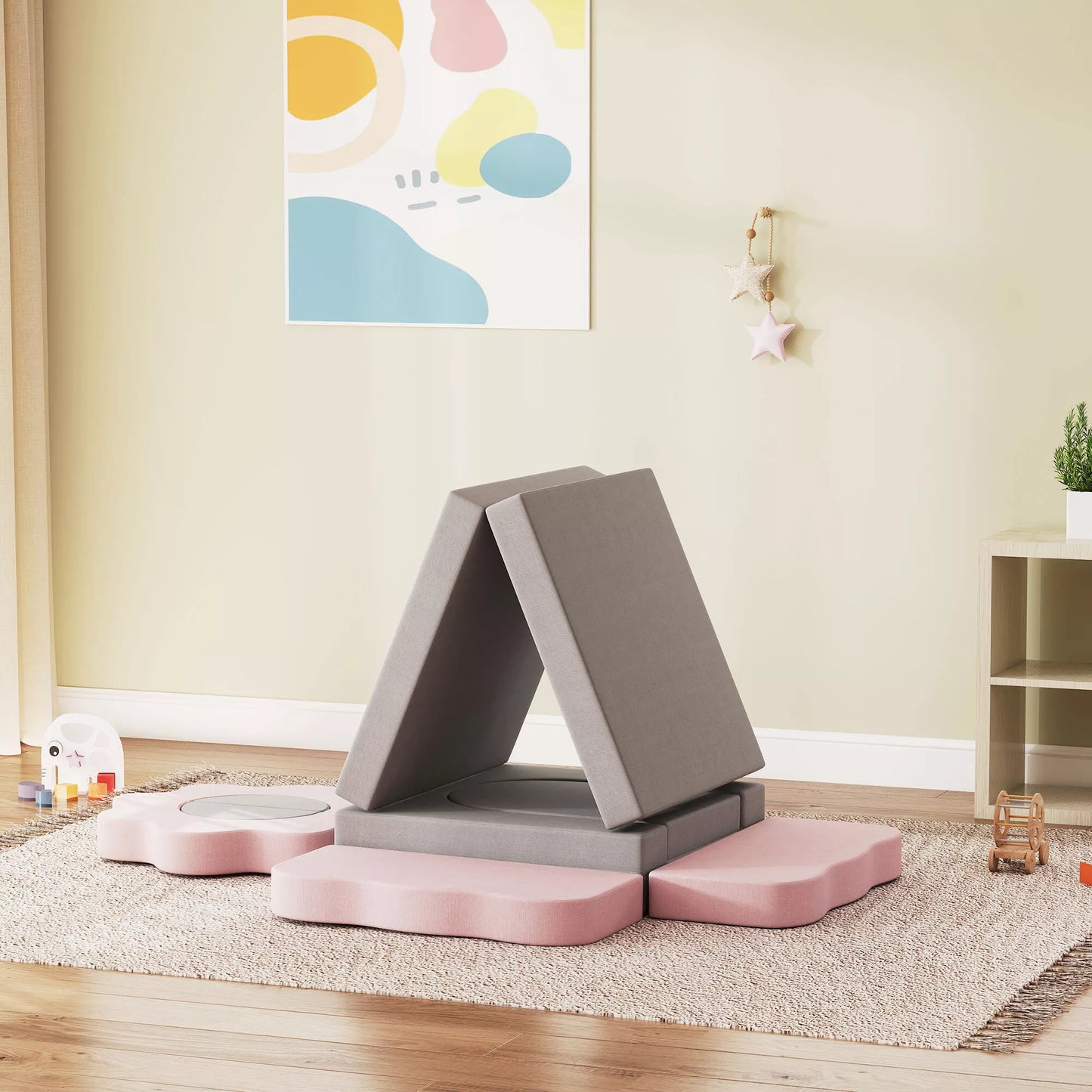 12 dalių putplasčio blokelių rinkinys laipiojimui, statyboms, ropojimui, vidiniai žaidimų kilimėliai su kordiniu užvalkalu, Pilka+Rožinė