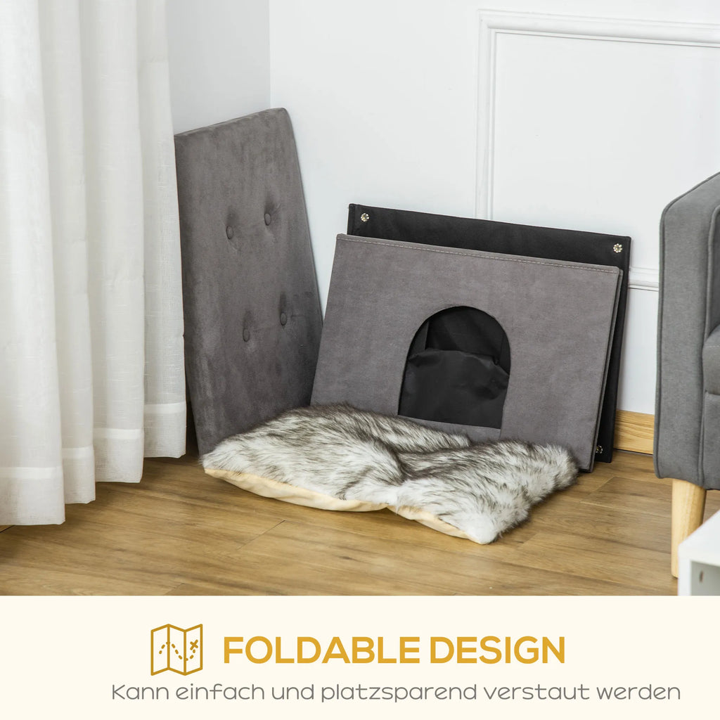 2-IN-1 kačių guolis - pufas su pagalvėle, medinės kojos, katės namelis, katės krepšys, minkštai paminkštintas, elegantiško dizaino, nuimamas, MDF, pliušas, pilkas, 60 x 45 x 44,5 cm