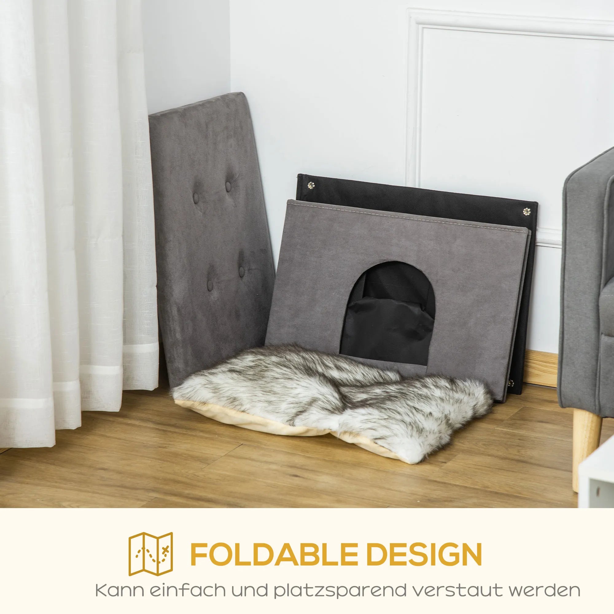 2-IN-1 kačių guolis - pufas su pagalvėle, medinės kojos, katės namelis, katės krepšys, minkštai paminkštintas, elegantiško dizaino, nuimamas, MDF, pliušas, pilkas, 60 x 45 x 44,5 cm