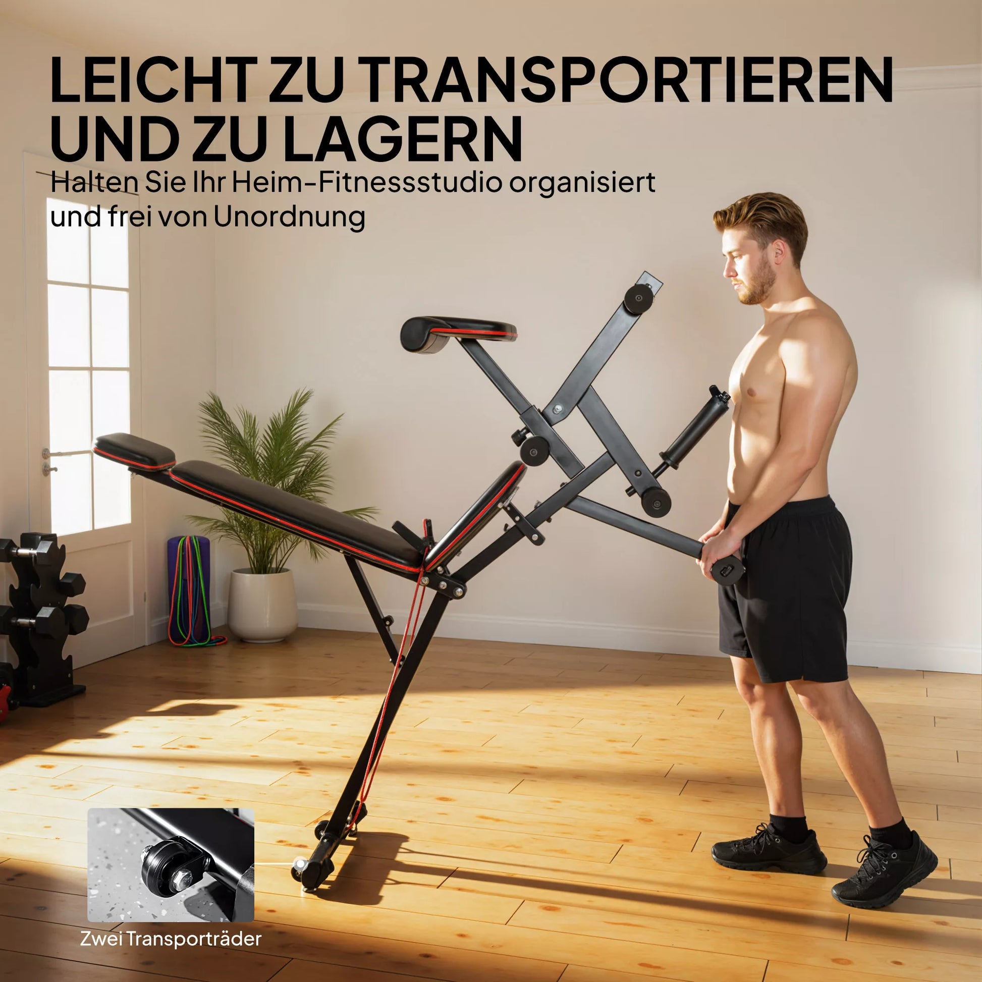 Reguliuojamas hantelų suolas iki 300 kg 3 in 1 treniruočių suolas su ratukais Kojų tiesimo įrenginys Curlpult Galvos atrama Atsparumo juostos