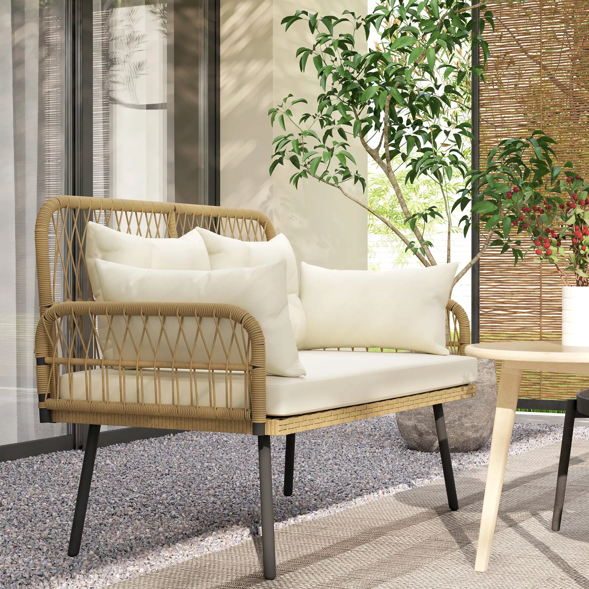 Lauko sofa su pagalvėlėmis, dvivietė sofa balkonui, boho, ratanas ir plienas, 115x61x82 cm, natūralaus medžio spalva,