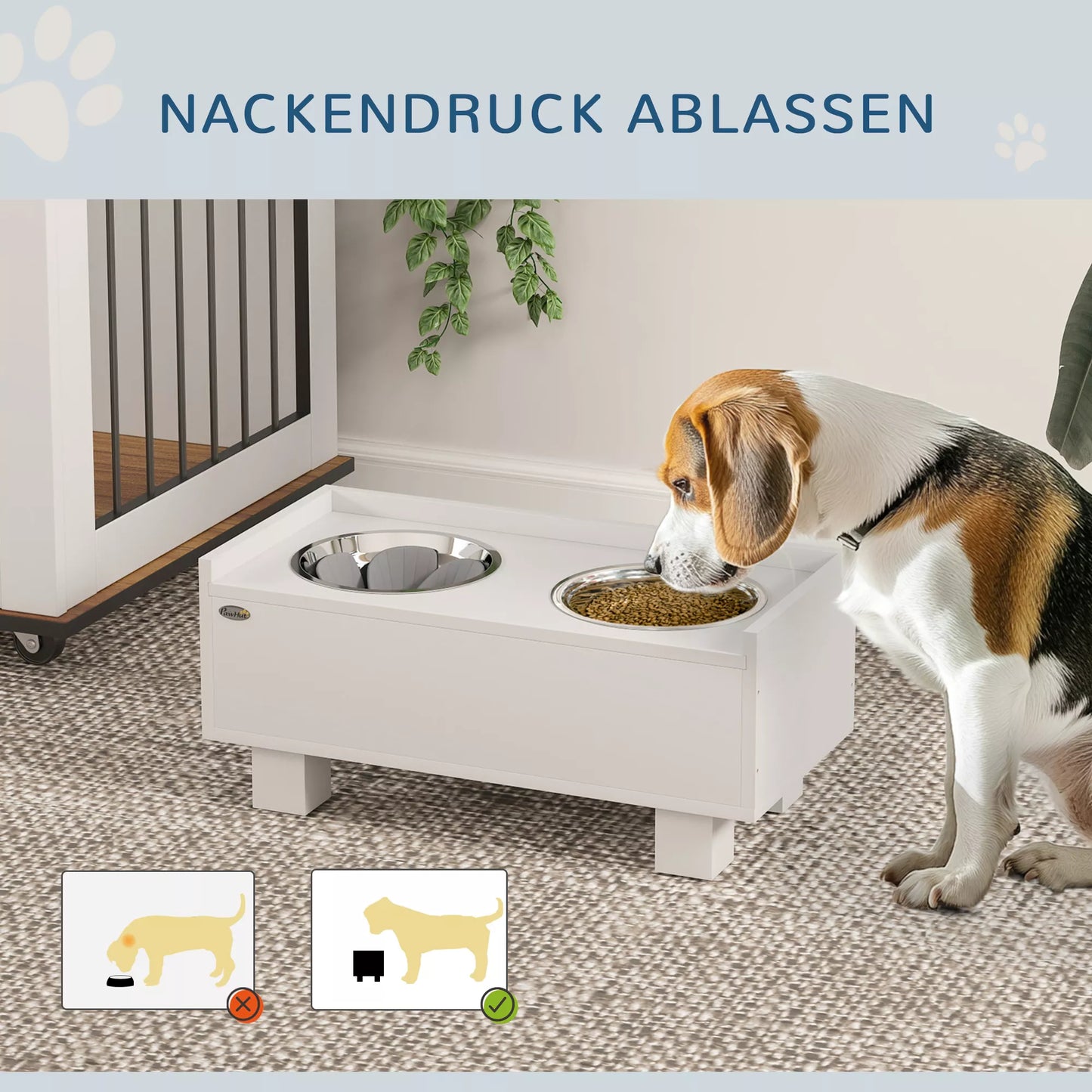 Paaukštinta šunų šėrimo stotelė su nuimama sulėtinto maitinimo kilimėliu, 2 aliuminio dubenėliais, laikymo vieta, balta