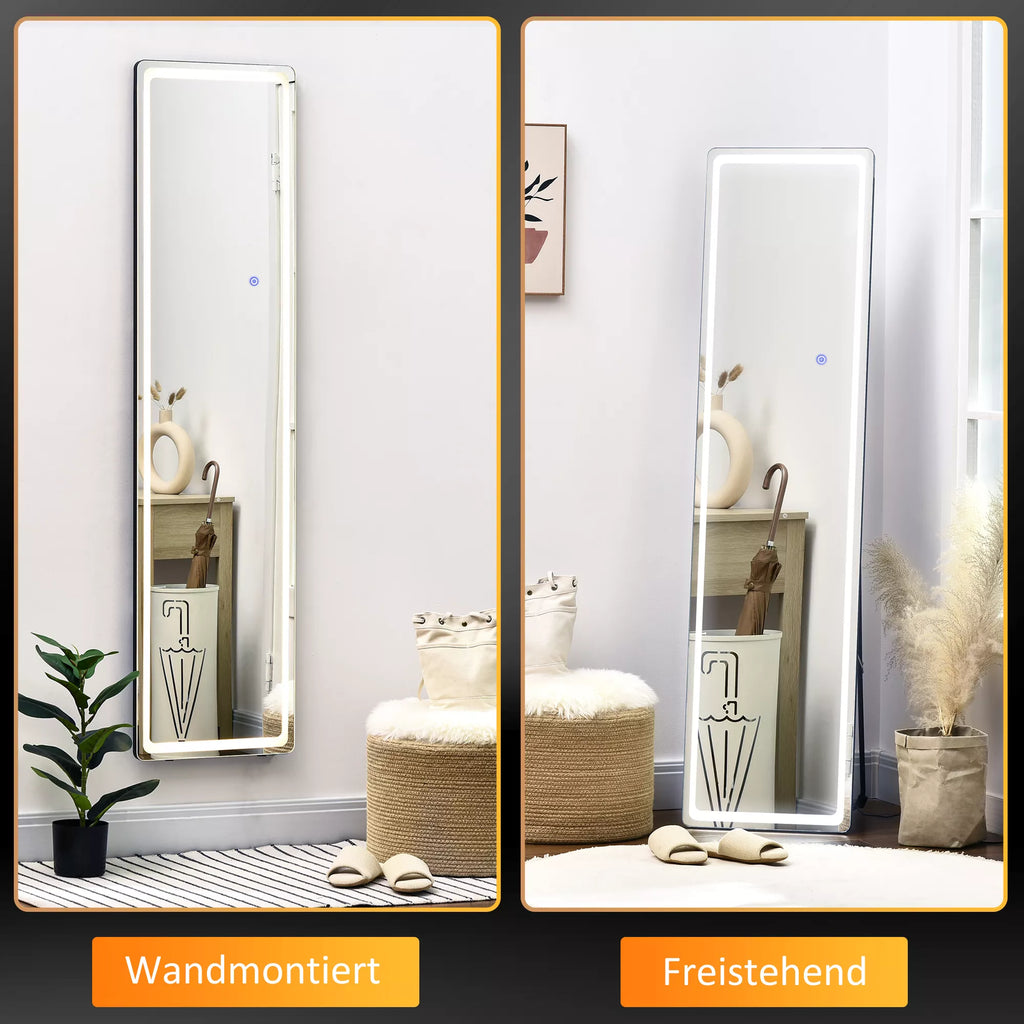 2-in-1 pastatomas veidrodis su LED apšvietimu, laisvai statomas, aliuminio, reguliuojamas apšvietimas, 40 cm x 37 cm x 157,5 cm