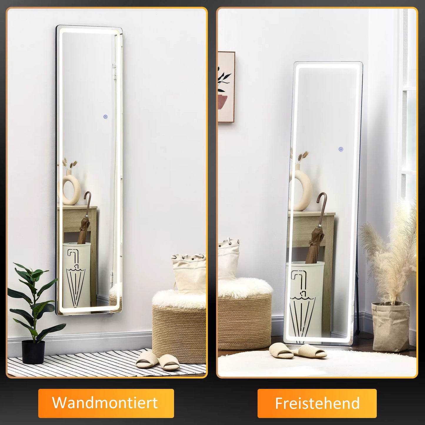 2-in-1 pastatomas veidrodis su LED apšvietimu, laisvai statomas, aliuminio, reguliuojamas apšvietimas, 40 cm x 37 cm x 157,5 cm