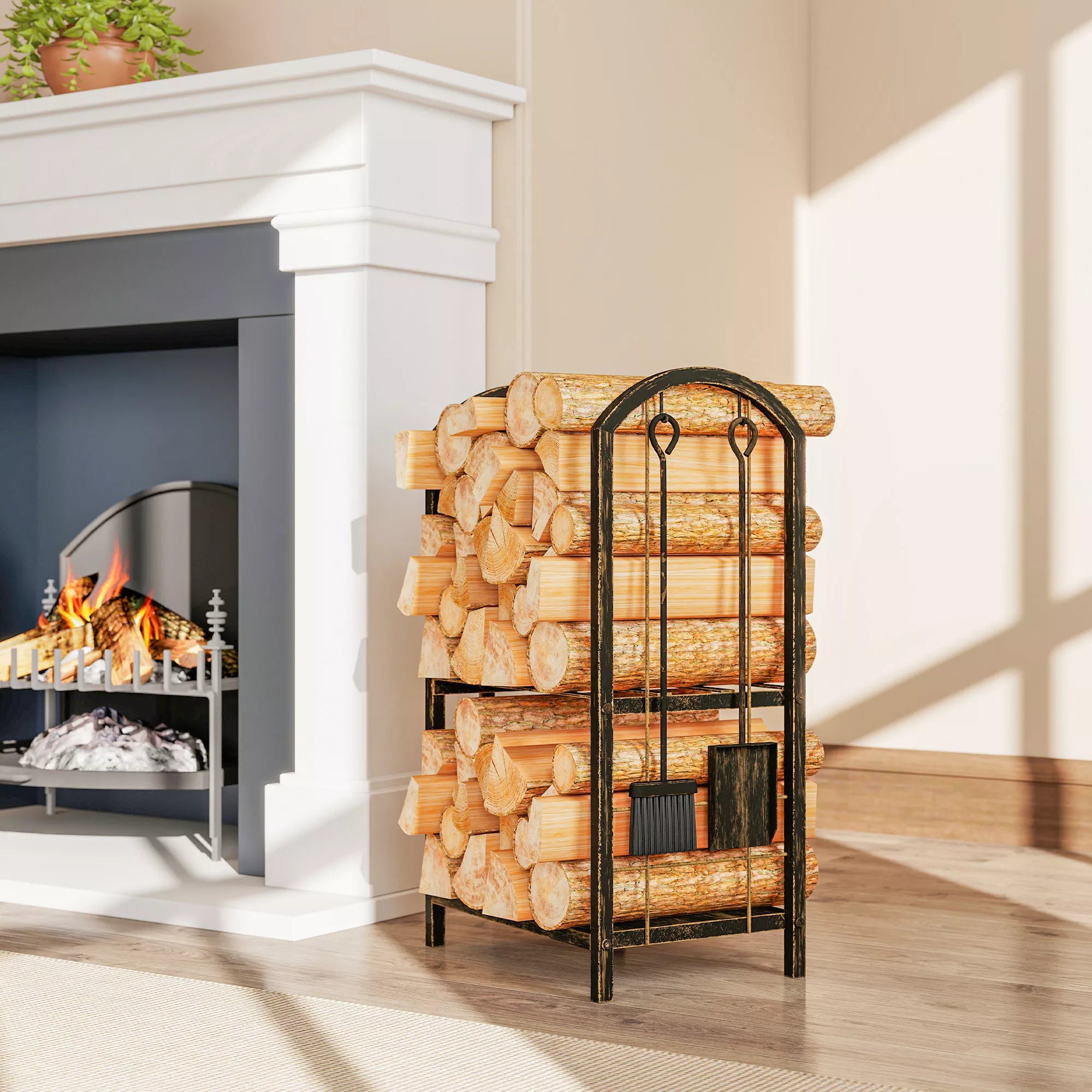 Kaminwood shelf for indoor use 43 x 30 x 74 cm 2-tier firewood shelf with 4 fireplace tools, hooks