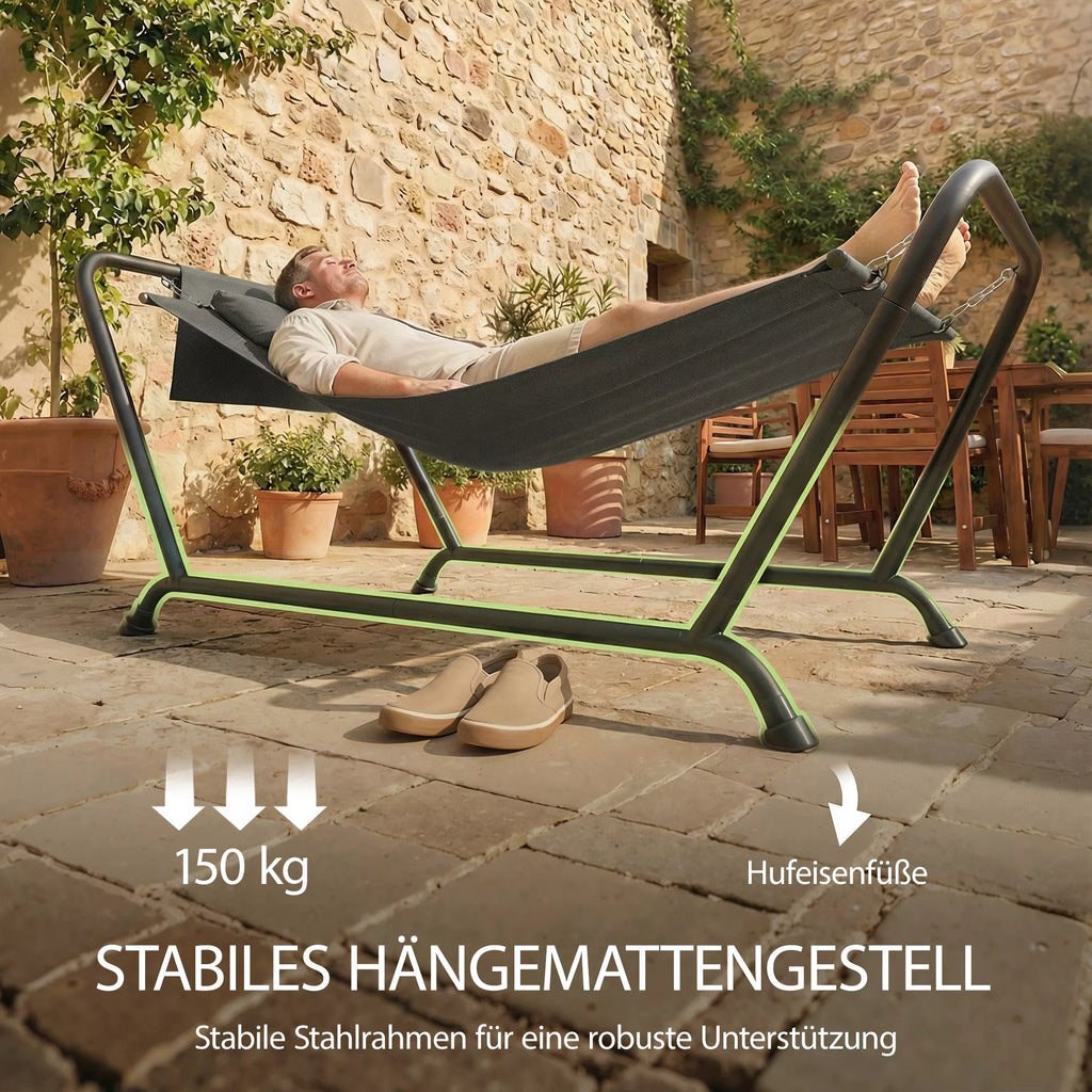 Hamakas su rėmu 237 x 90 cm Stabinis hamakas su šonine kišene, galvos atrama Metalinis rėmas iki 150 kg