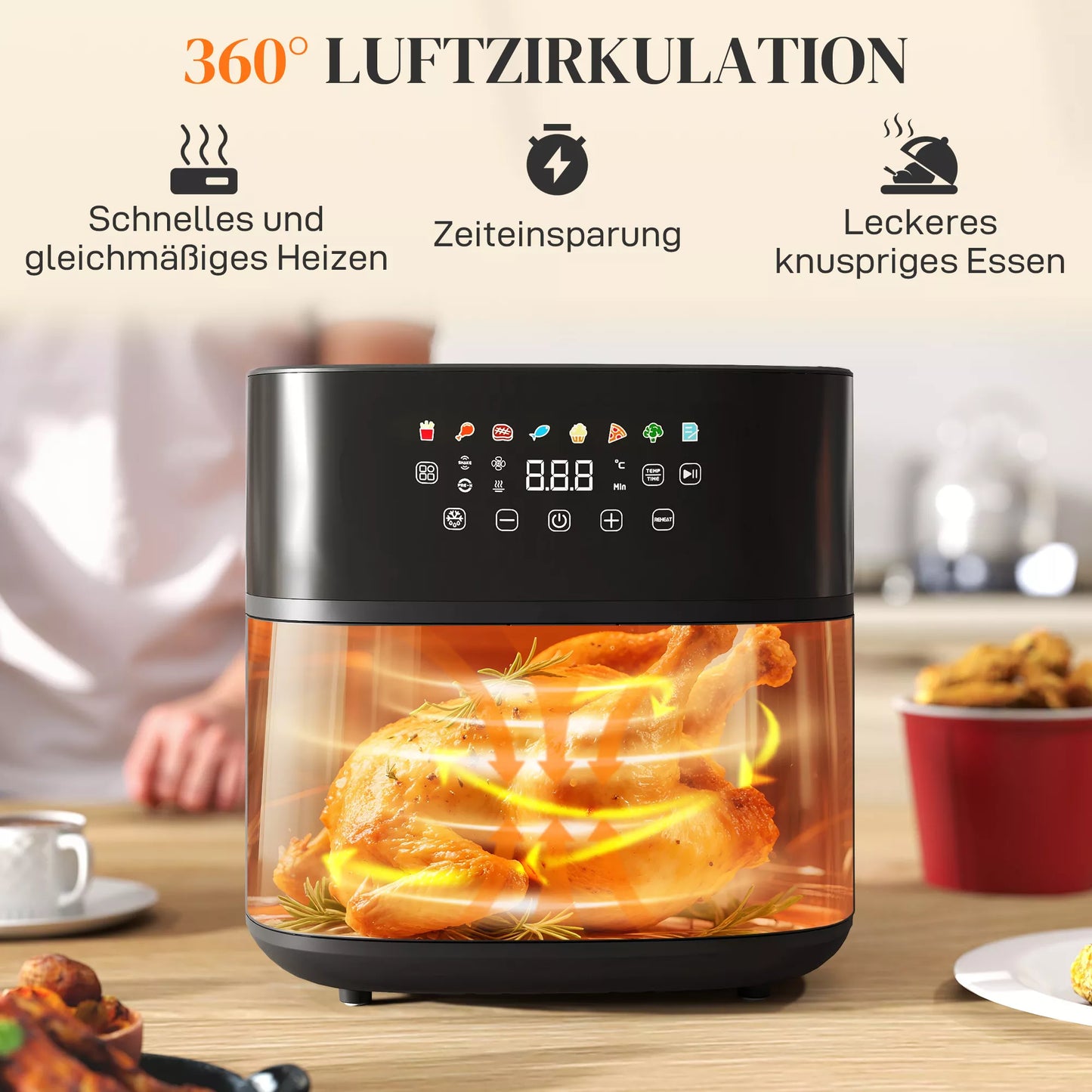 Oro gruzdintuvė, Air Fryer, 8 programos, 8 litrai, LED ekranas, juoda
