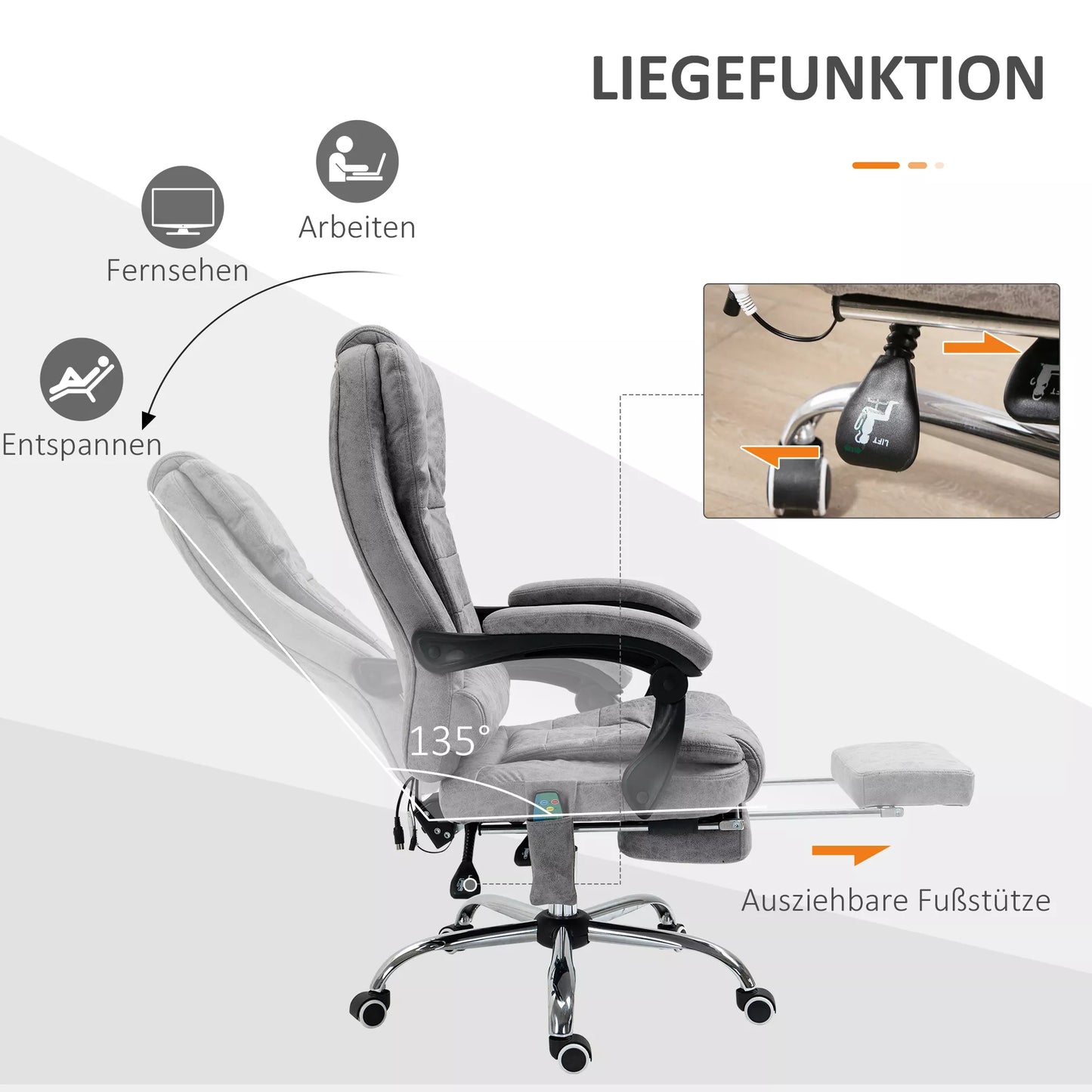 Ergonomiška biuro kėdė su masažo, atlošo reguliavimo ir šildymo funkcija, nuotolinio valdymo pulteliu, pilka