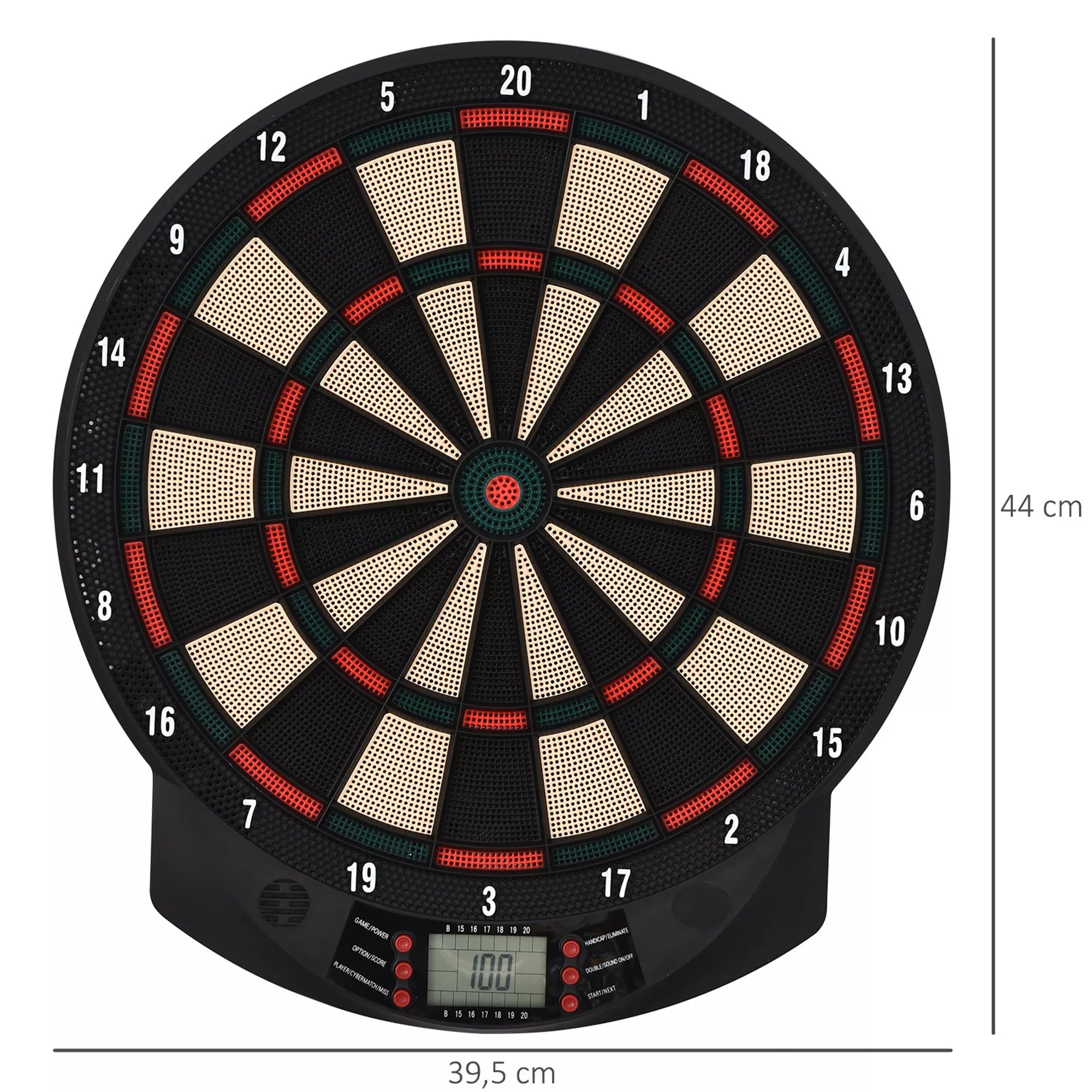 Elektroninis dartų taikinys su automatiniu taškų skaičiavimu Dartboard Dart-set su 6 dartais 30 dartų galvutėmis 26 žaidimais ir 185 taškų variantais 8 žaidėjams Garso efektai Juodas 44 x 39,5 x 2,2 cm
