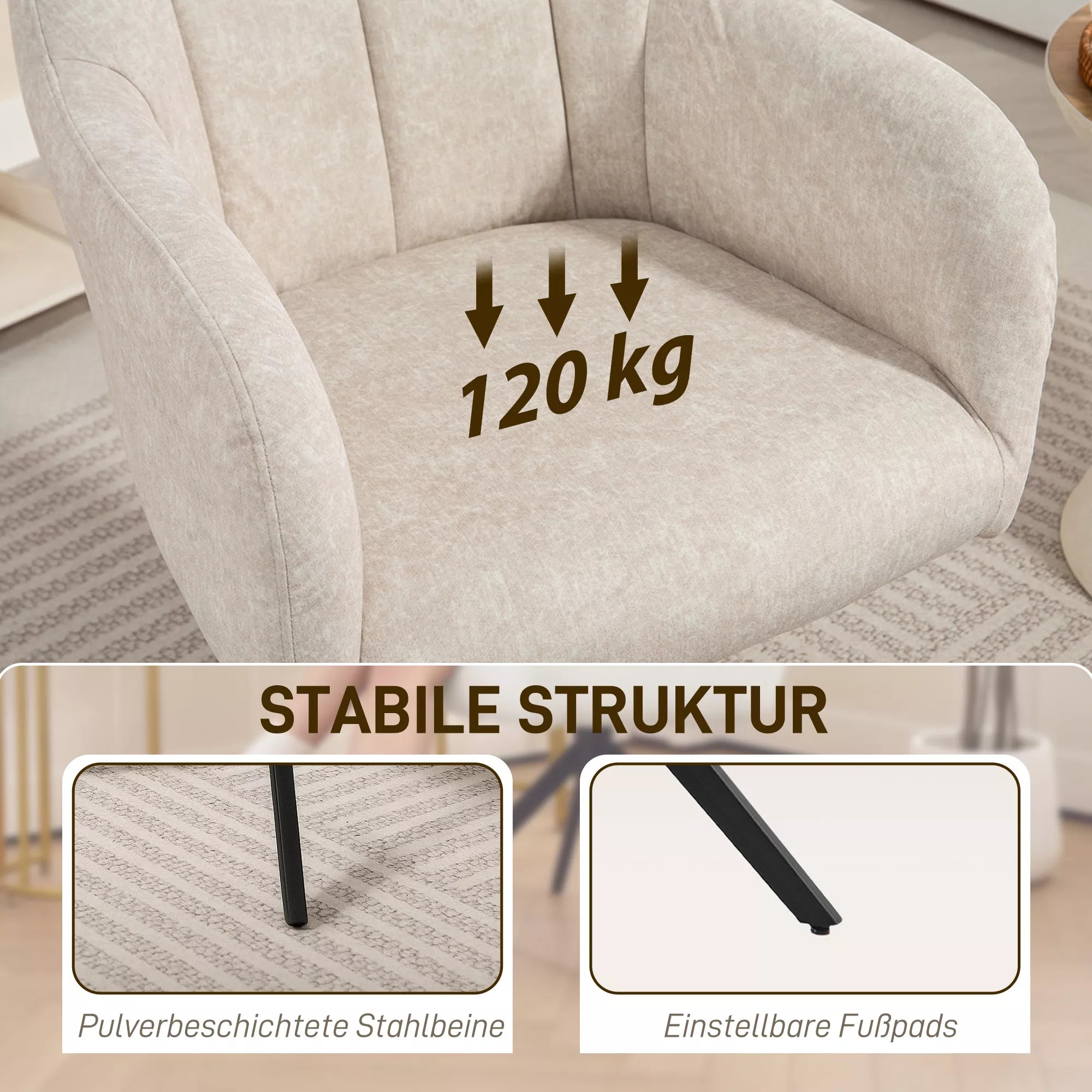 Sukiojama akcentinė kėdė, minkšta kėdė su audiniu, porankiais, plieninėmis kojomis, skirta svetainei, miegamajam, biurui, smėlio spalvos.