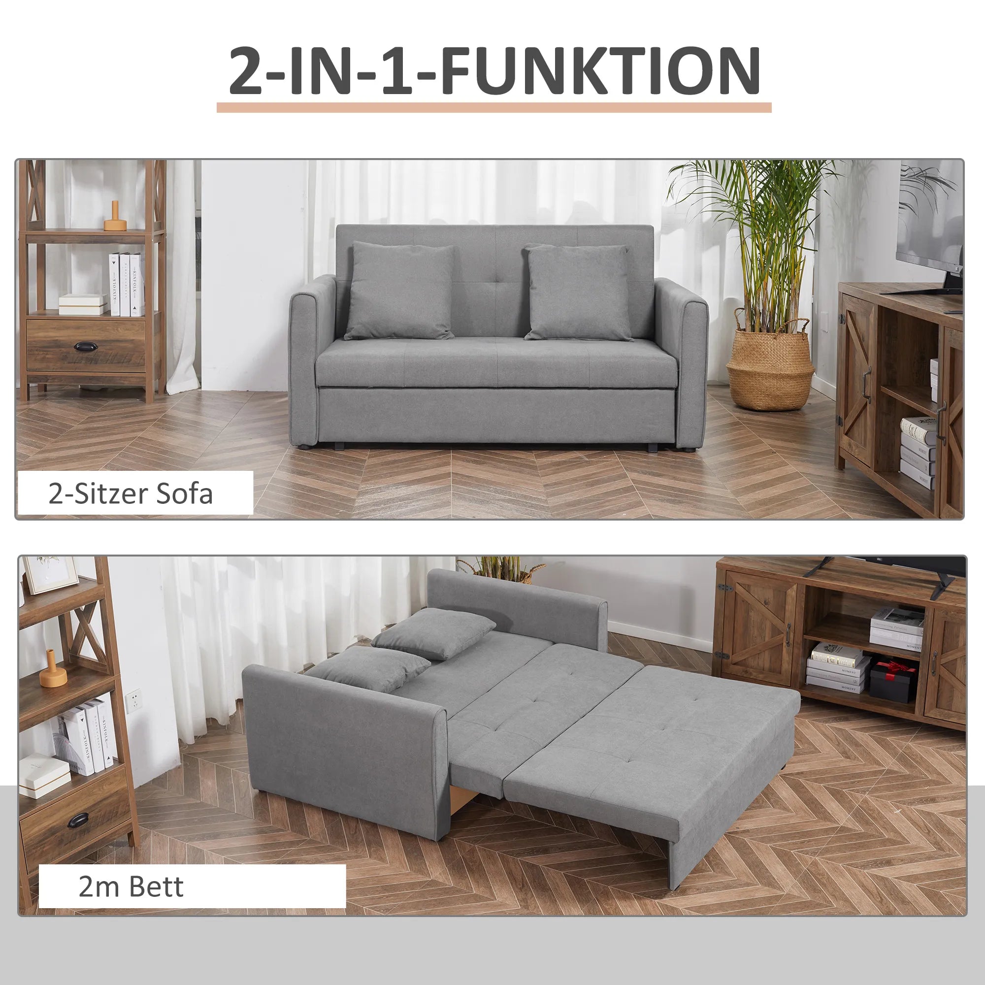 Miegamoji sofa, 2 vietų sofa, iki 200 kg, su paslėpta daiktadėže, polikotonas, pilka