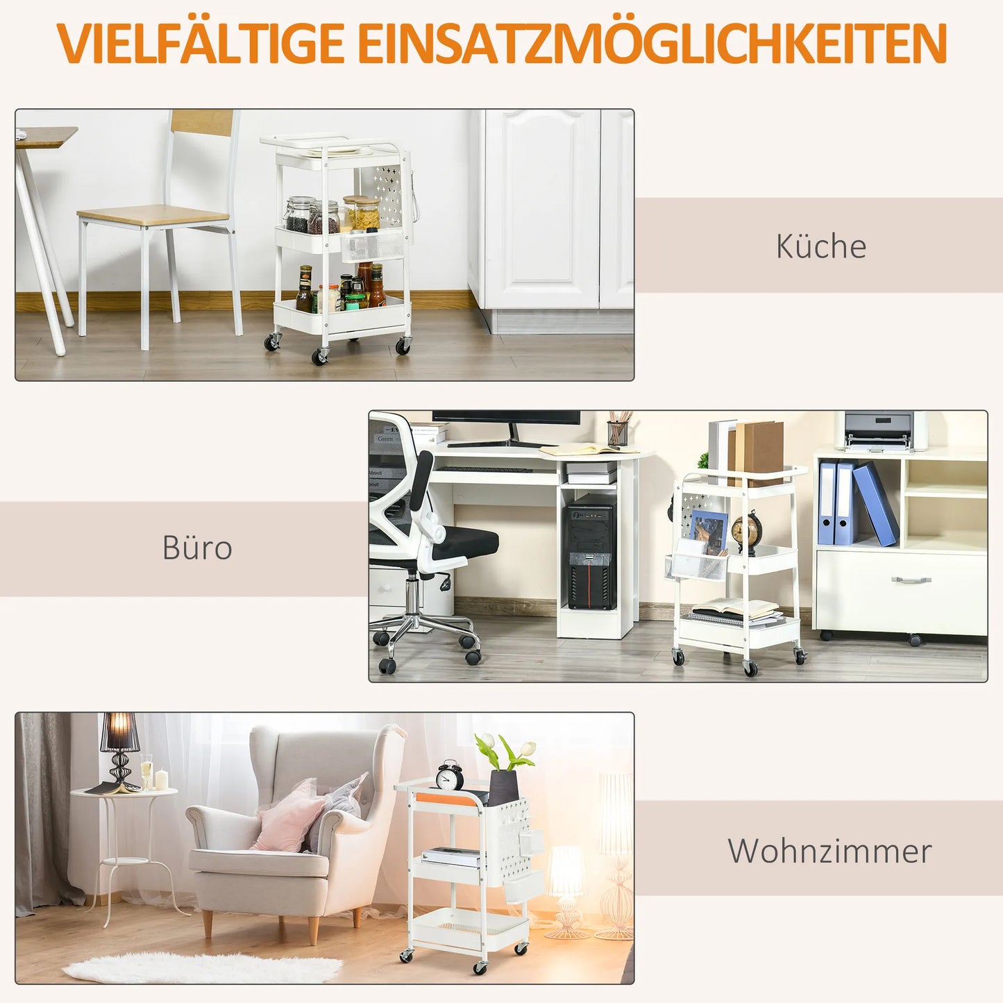 Virtuvinis vežimėlis su perforuota lenta, rankšluosčių laikikliais ir laikymo krepšiais, 51,5 cm x 32 cm x 75,6 cm, Baltas