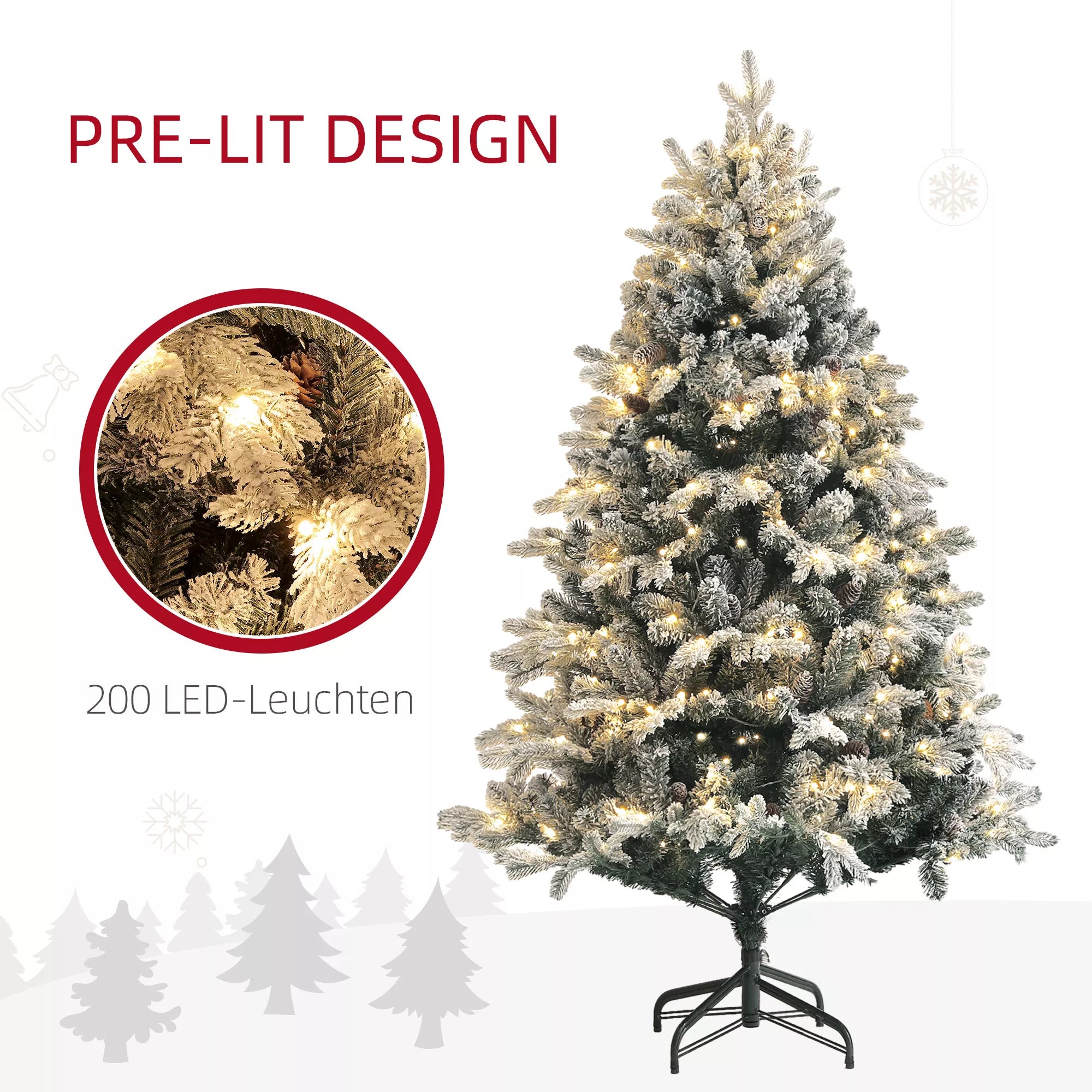 Dirbtinė Kalėdų eglutė, 180 cm, su LED lemputėmis, padengta sniegu, antipireninė, metalinė
