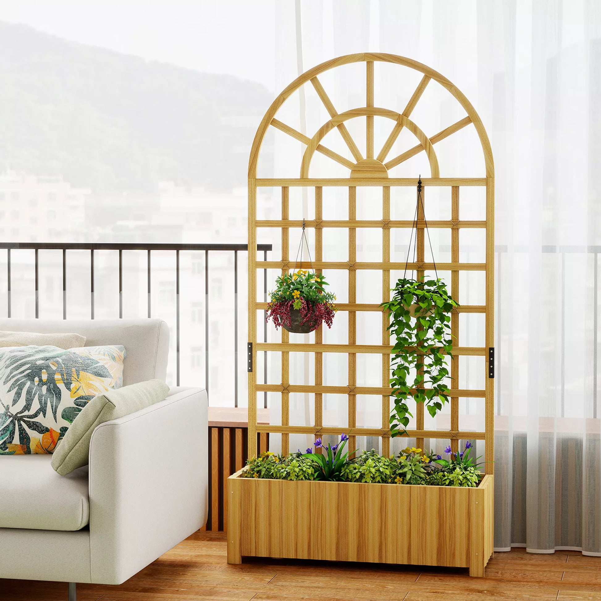 Spalier su augalų dėžute Medinė gėlių dėžutė su drenažo skyle Rankgitter 90 x 30 x 180 cm Natūralus medis