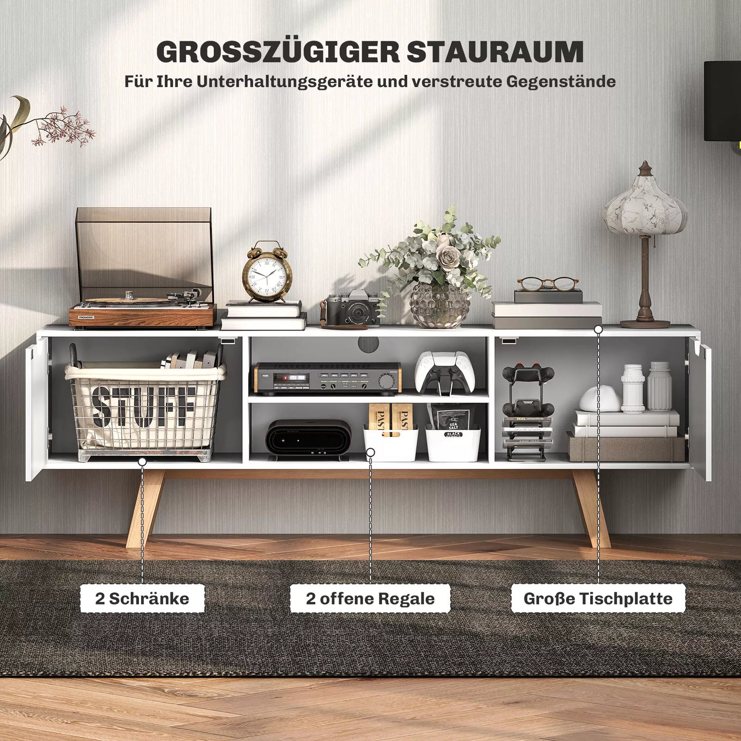 TV komoda su stalčiais ir atviromis lentynomis, MDF, 150 x 39 x 50 cm, Balta