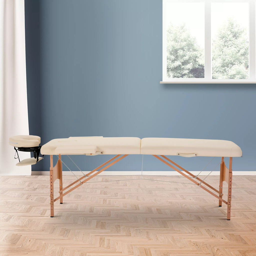 Masažuoklis, sulankstomas masažo stalas, aukščio reguliuojamas masažo suolas SPA, salonui, dirbtinė oda, mediena, kreminės baltos spalvos