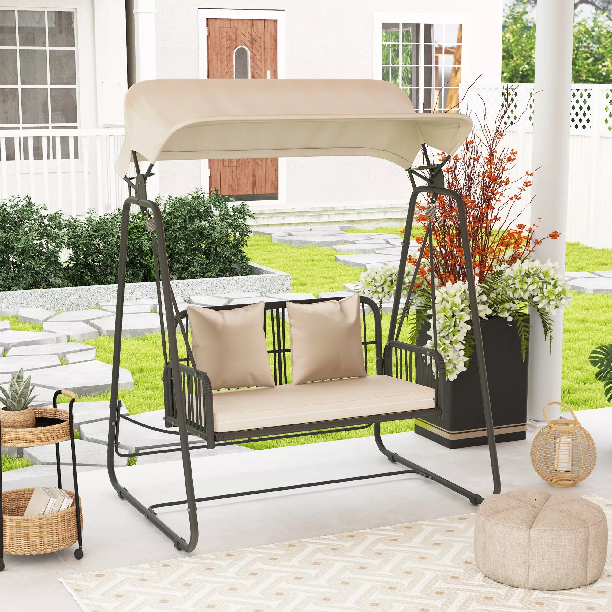Lauko, sodo  sūpynės Rotango 2-vietės sodo sūpynės su saulės stogu Pagalvės iki 240 kg 149 x 121 x 180 cm Chaki