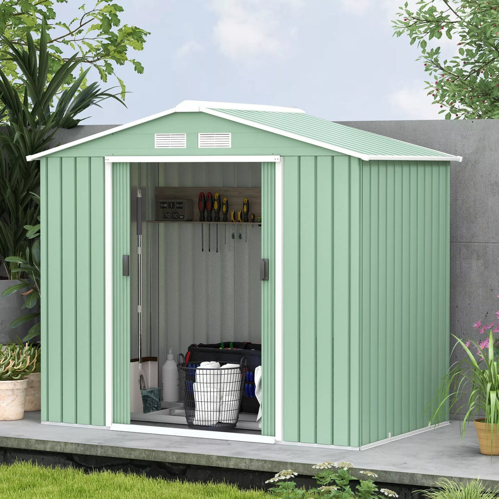 Sodo namelis, 2 stumdomos durys, vėdinimo langai, grindų rėmas, nerūdijantis plienas, šviesiai žalias, 2,13 x 1,30 x 1,85 m