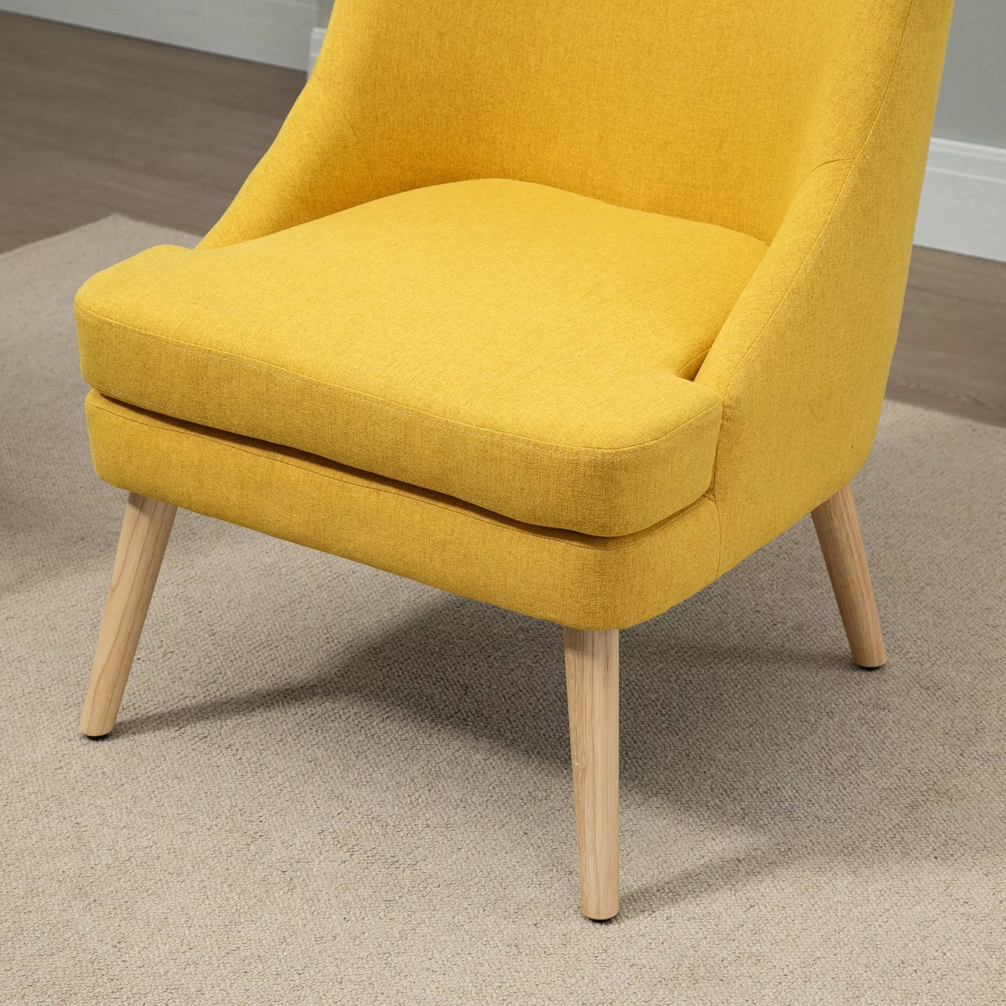 Minkštasuolis suolinis krėslas su linine išvaizda, porankiais, paminkštintas relaksacinis krėslas su medinėmis kojomis, skirtas svetainei, miegamajam, geltonas