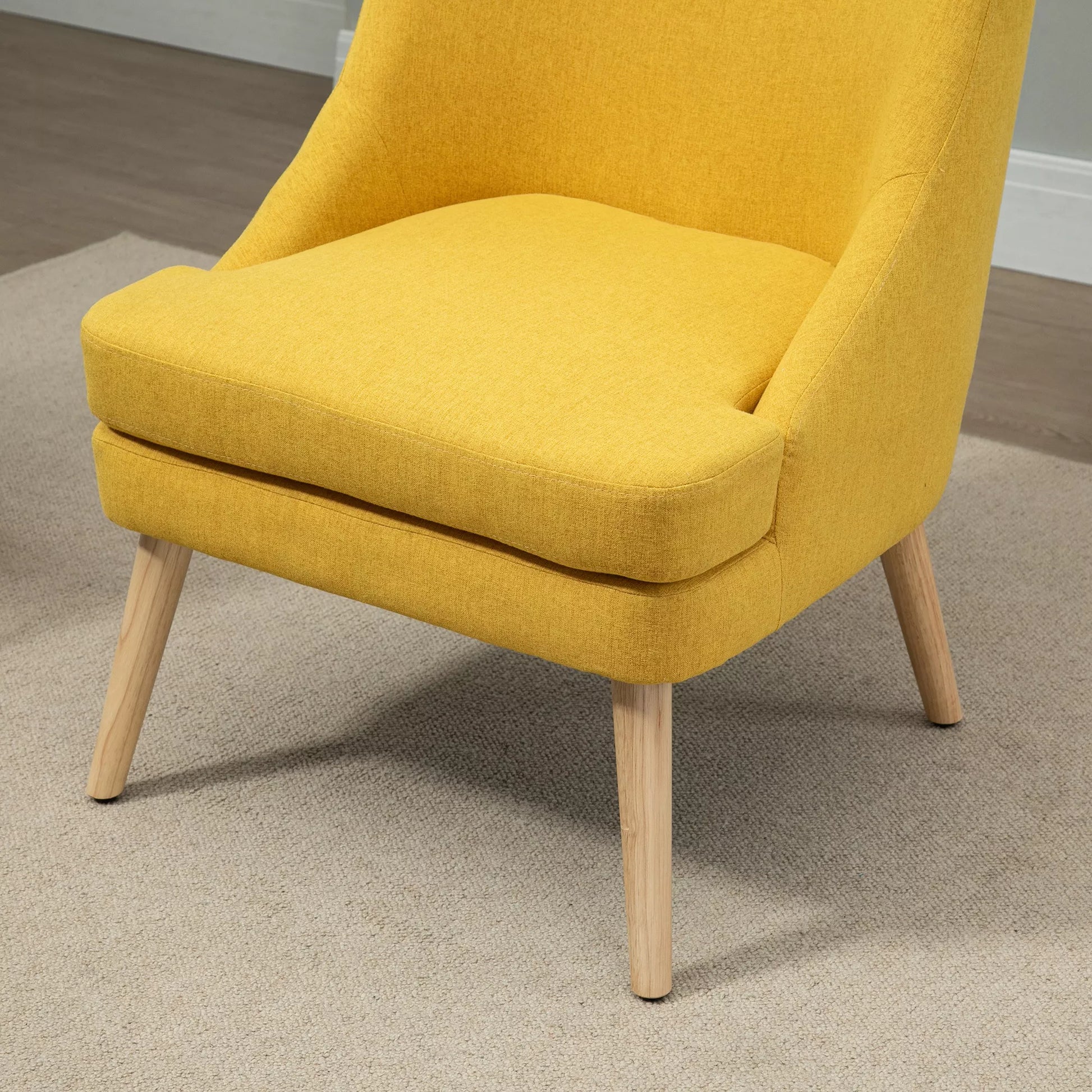 Minkštasuolis suolinis krėslas su linine išvaizda, porankiais, paminkštintas relaksacinis krėslas su medinėmis kojomis, skirtas svetainei, miegamajam, geltonas