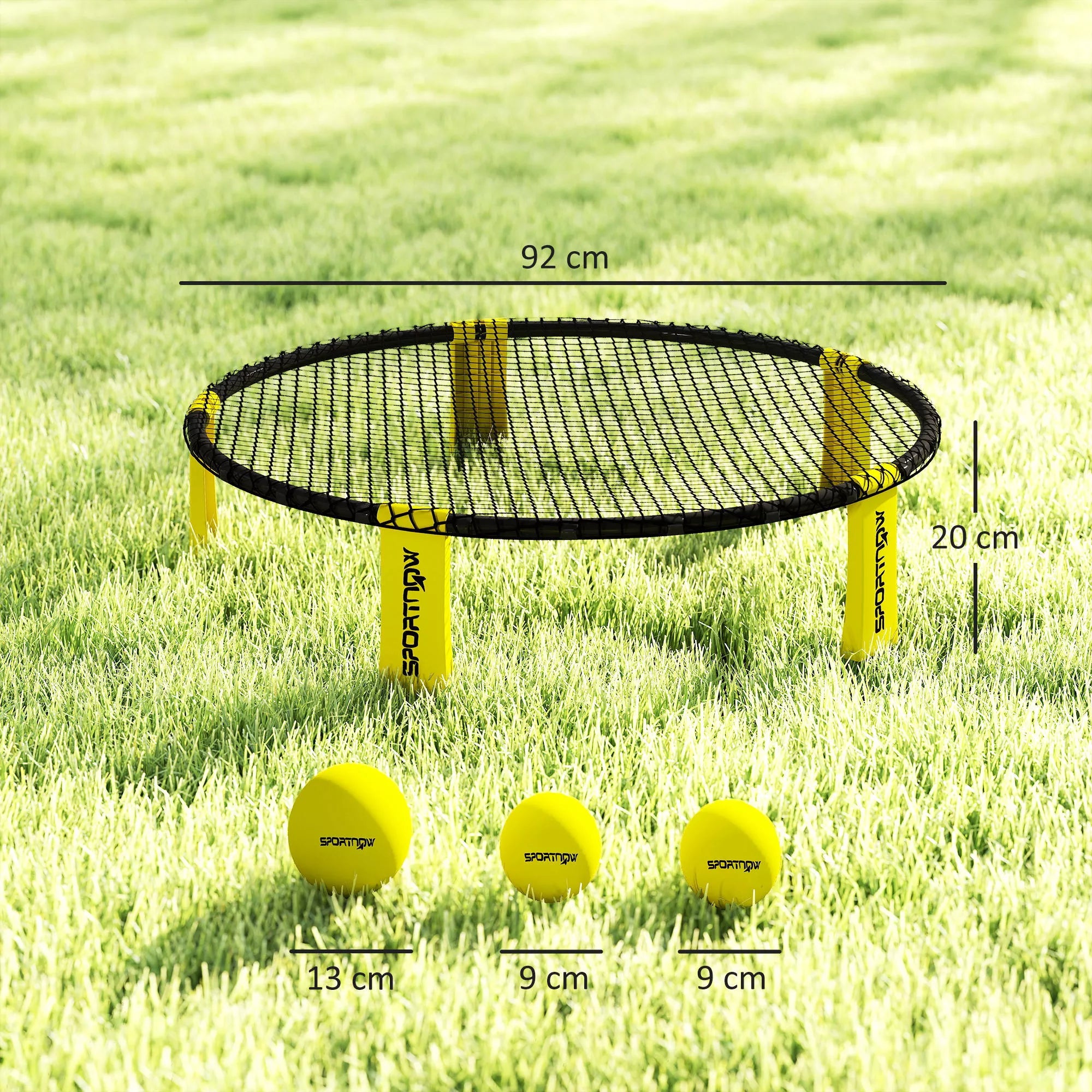 Roundnet komplektas su tinklu ir 3 kamuoliais, 92 cm, geltonas