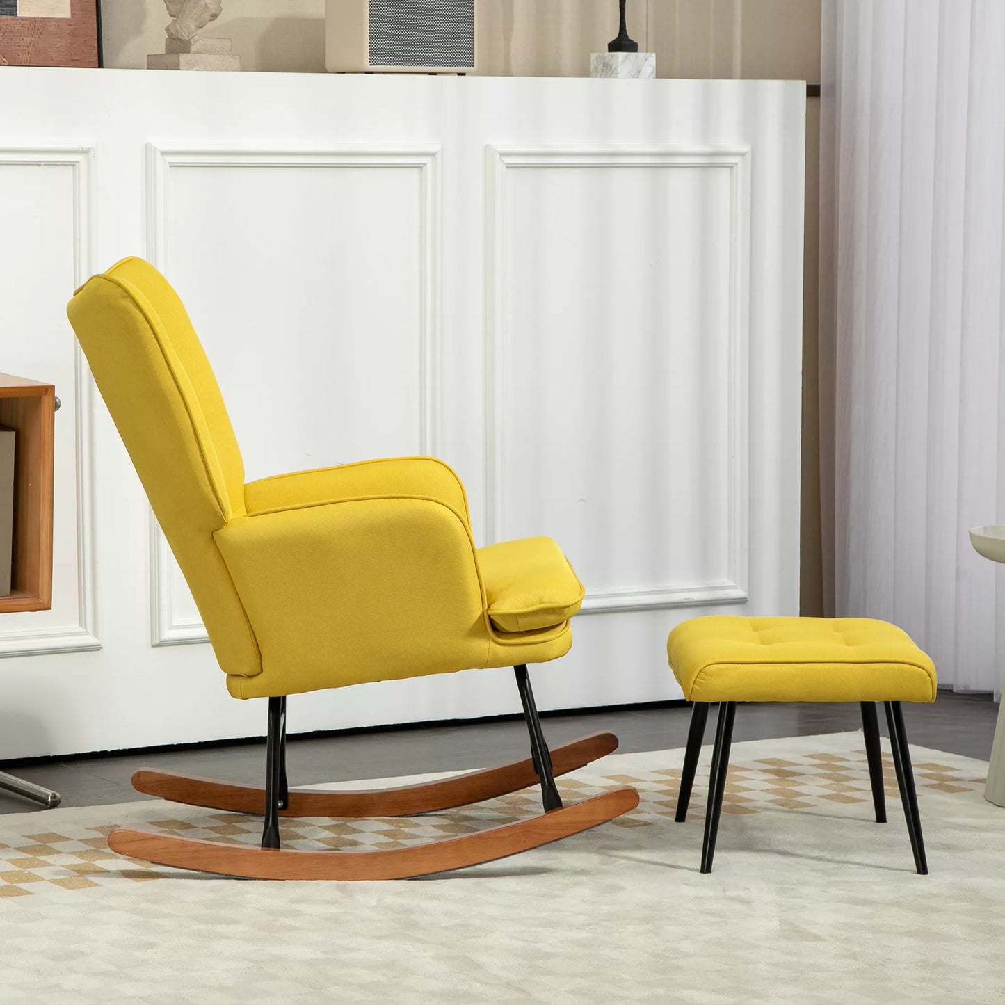 Supamasis krėslas su Osmanu, Skandinaviško dizaino, su pėdų atrama, buko mediena, dygsniuotas, 64 cm x 89 cm x 90 cm, geltonas