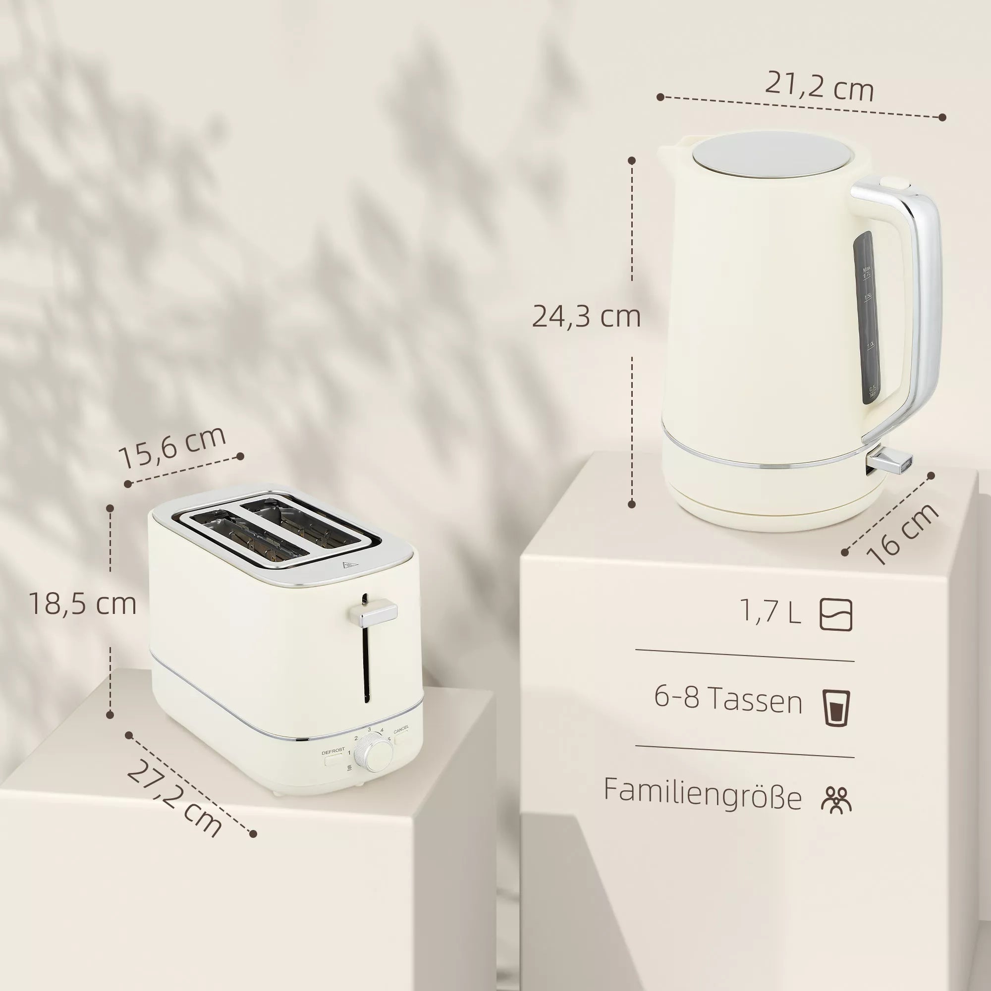 Infografika su matmenimis: 21,2 x 24,3 cm virdulys, 27,2 x 18,5 cm skrudintuvas, 1,7 l