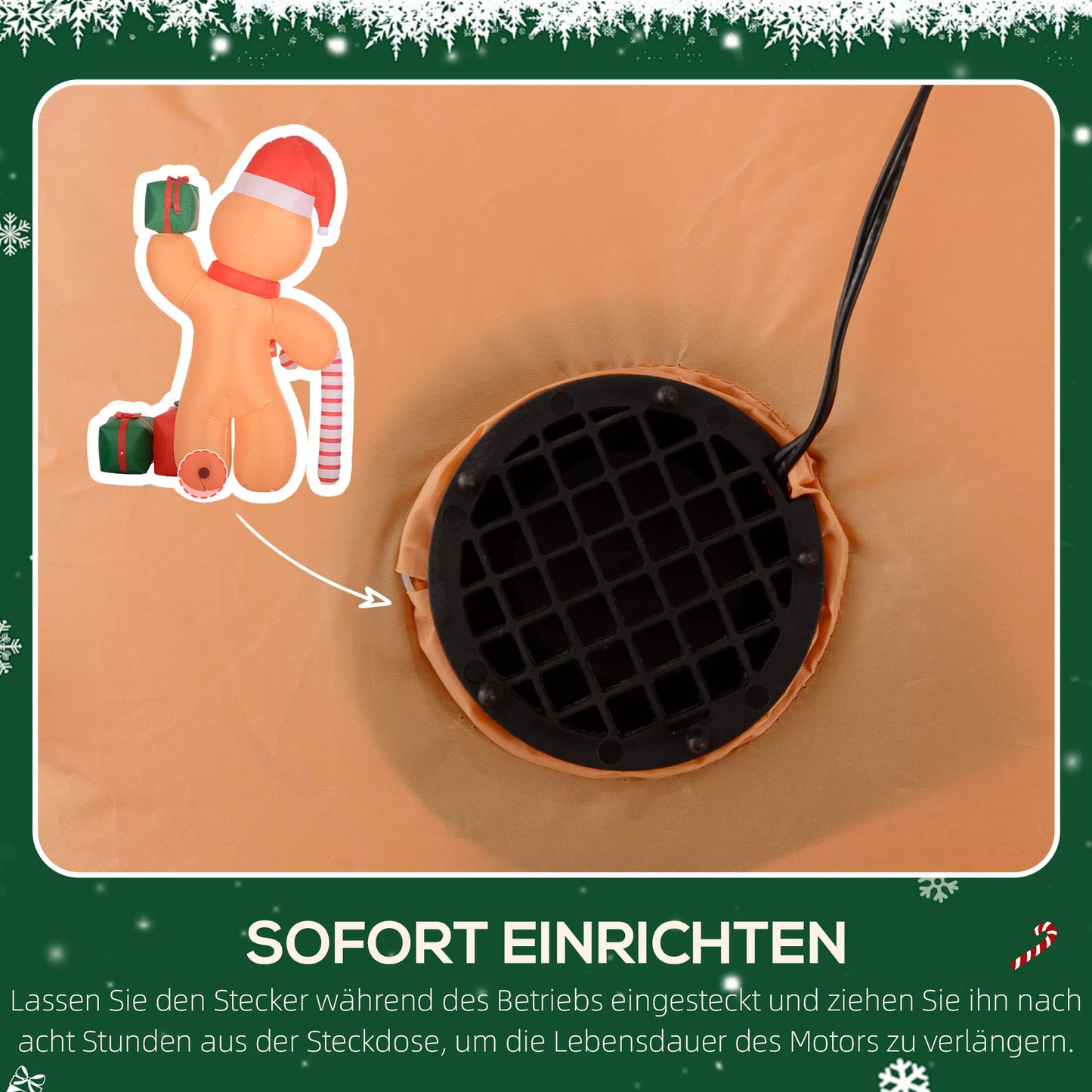 Outsunny Pripučiamas meduolių žmogeliukas su pagaliuku, 2,45 m aukščio, su baltu LED apšvietimu, 170 x 100 x 245 cm