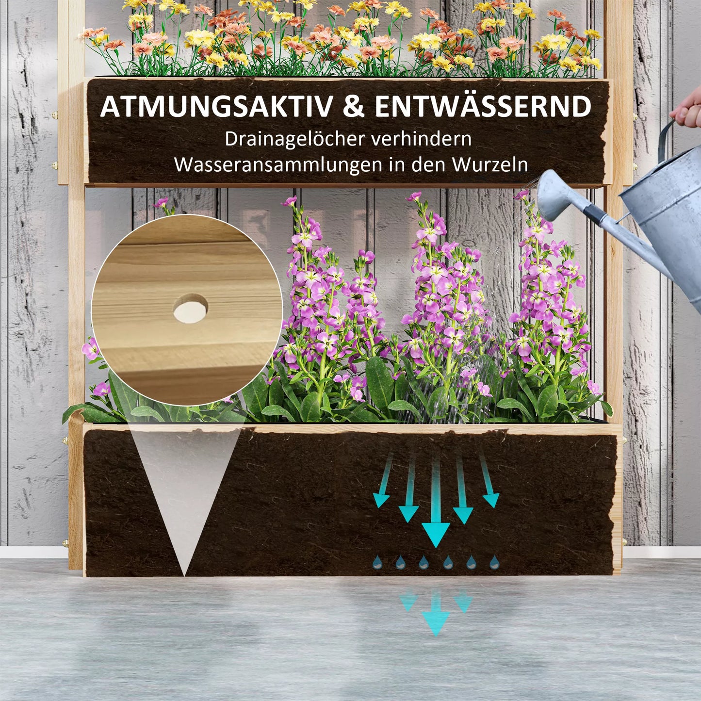 Medinė pakeliamoji lysvė, 4 pakopų sodinimo lysvė su drenažo skylutėmis, šiltnamis sodui 88,5 x 45 x 140 cm natūralios medienos