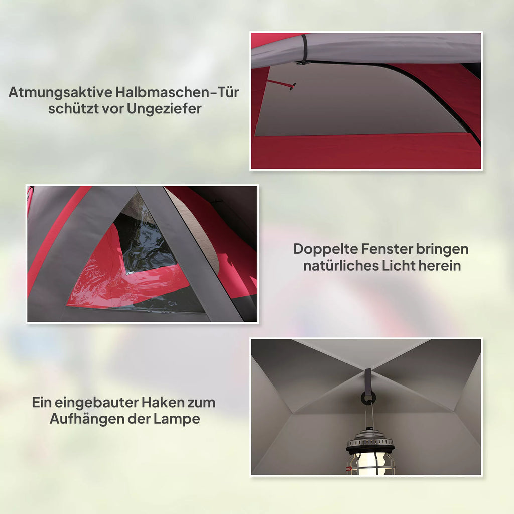 Kempingo palapinė 2 asmenims, lengva, tvirta, nepralaidi vandeniui, UV 50+, su stogelio durimis, langais, grindų danga, pilkos spalvos.