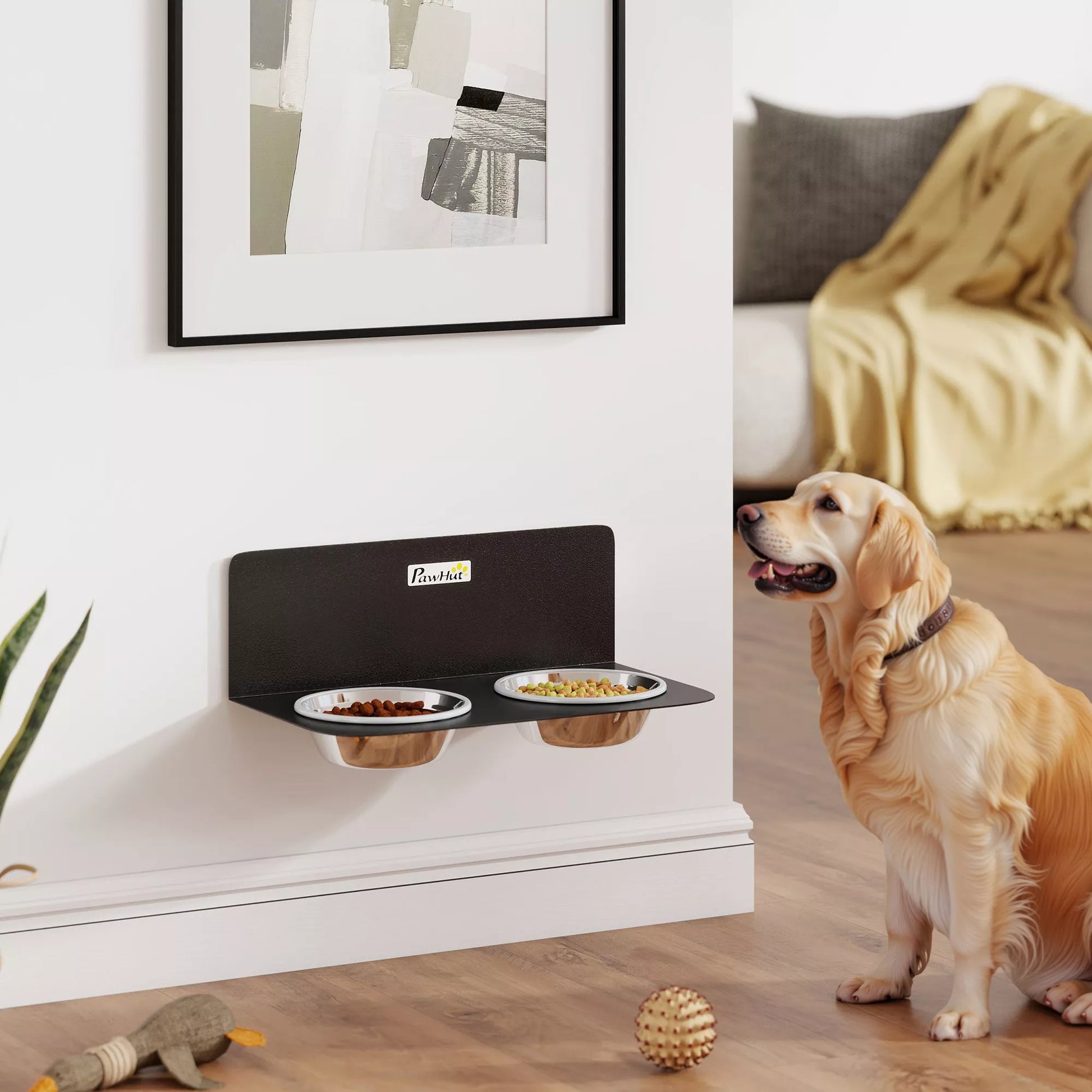 Šunų dubenėlis, reguliuojamas aukščio, tvirtinamas prie sienos, su 2 x 800 ml nerūdijančio plieno dubenėliais, 42 x 23,5 x 14 cm, juodas