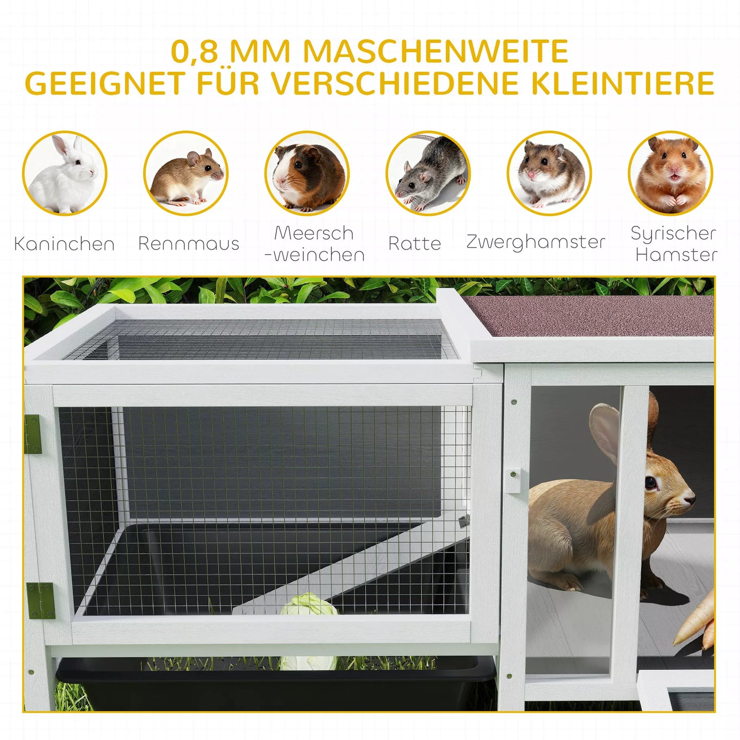 Hasenstall Medinis triušių narvas su laisvo judėjimo aptvaru, rampa, 3 įėjimais, ištraukiamu dubeniu, 105 x 57,5 x 51,5 cm Pilkos spalvos