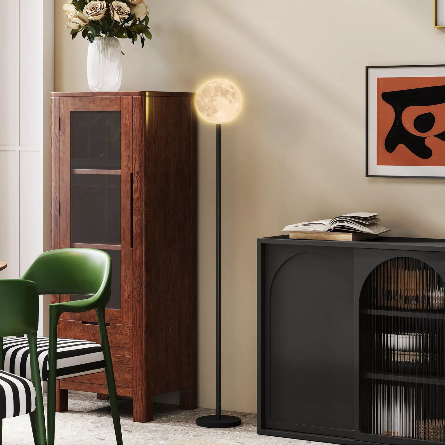 Pastatomas šviestuvas su mėnulio dizaino gaubtu, kojiniu jungikliu, 3 spalvų temperatūromis, metalas, juodas