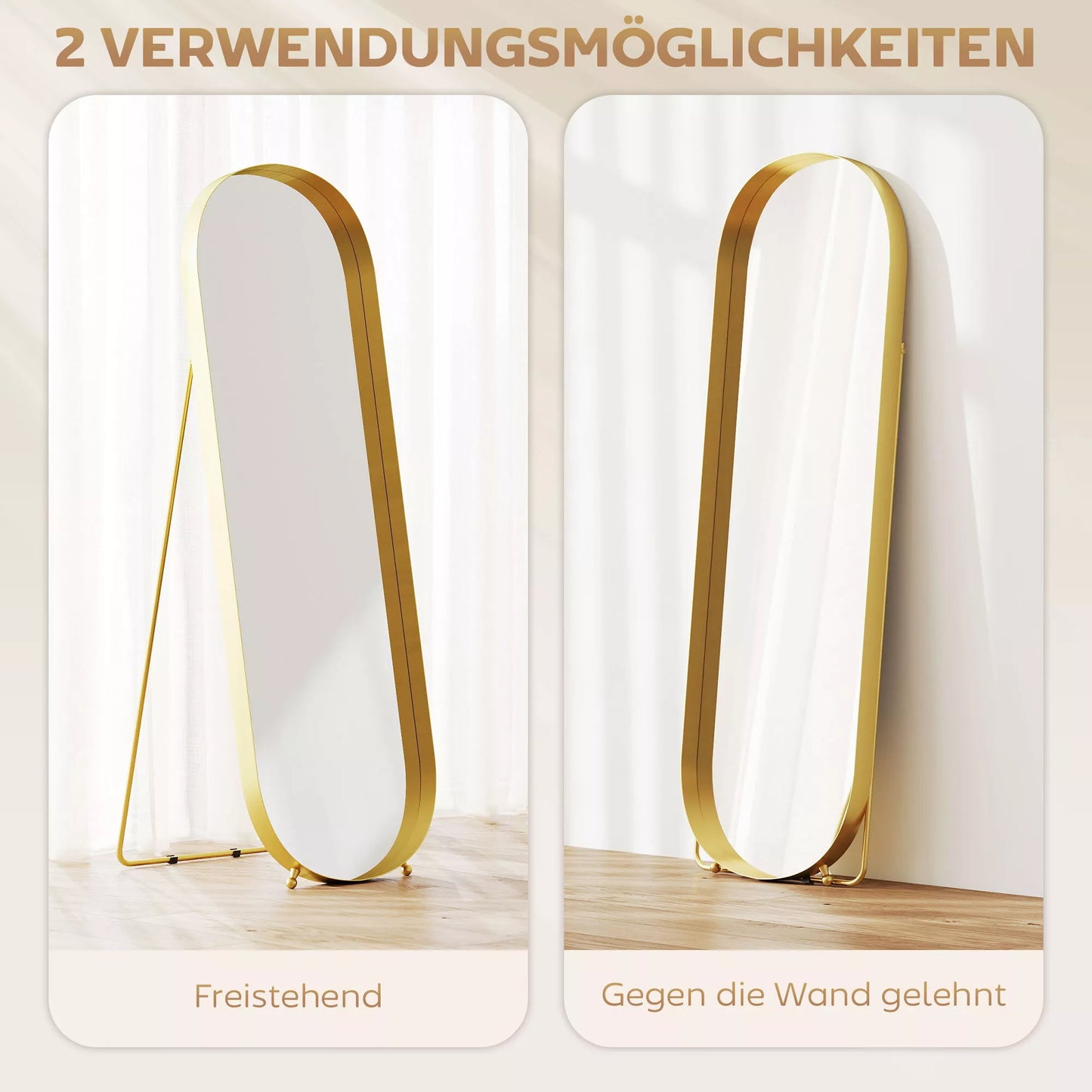 Viso kūno veidrodis su metaliniu rėmu, 160 x 50 cm, auksiniu rėmu, skirta svetainei, miegamajam