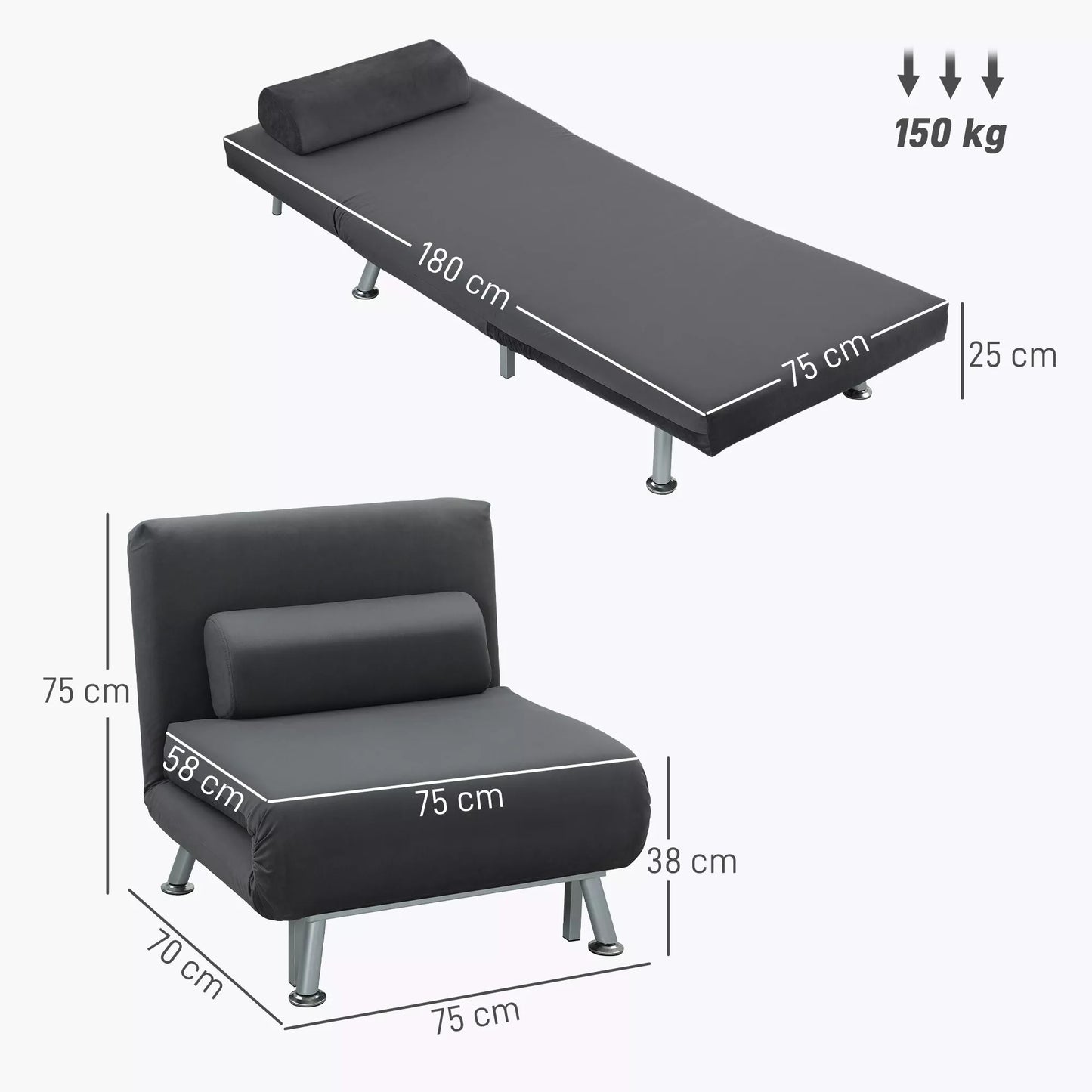 Sulankstomas fotelis su miegojimo funkcija, sulankstomas relaksacinis krėslas su aksomo išvaizda, Reguliuojama atlošas, 75 x 70 x 75 cm, Tamsiai pilkas