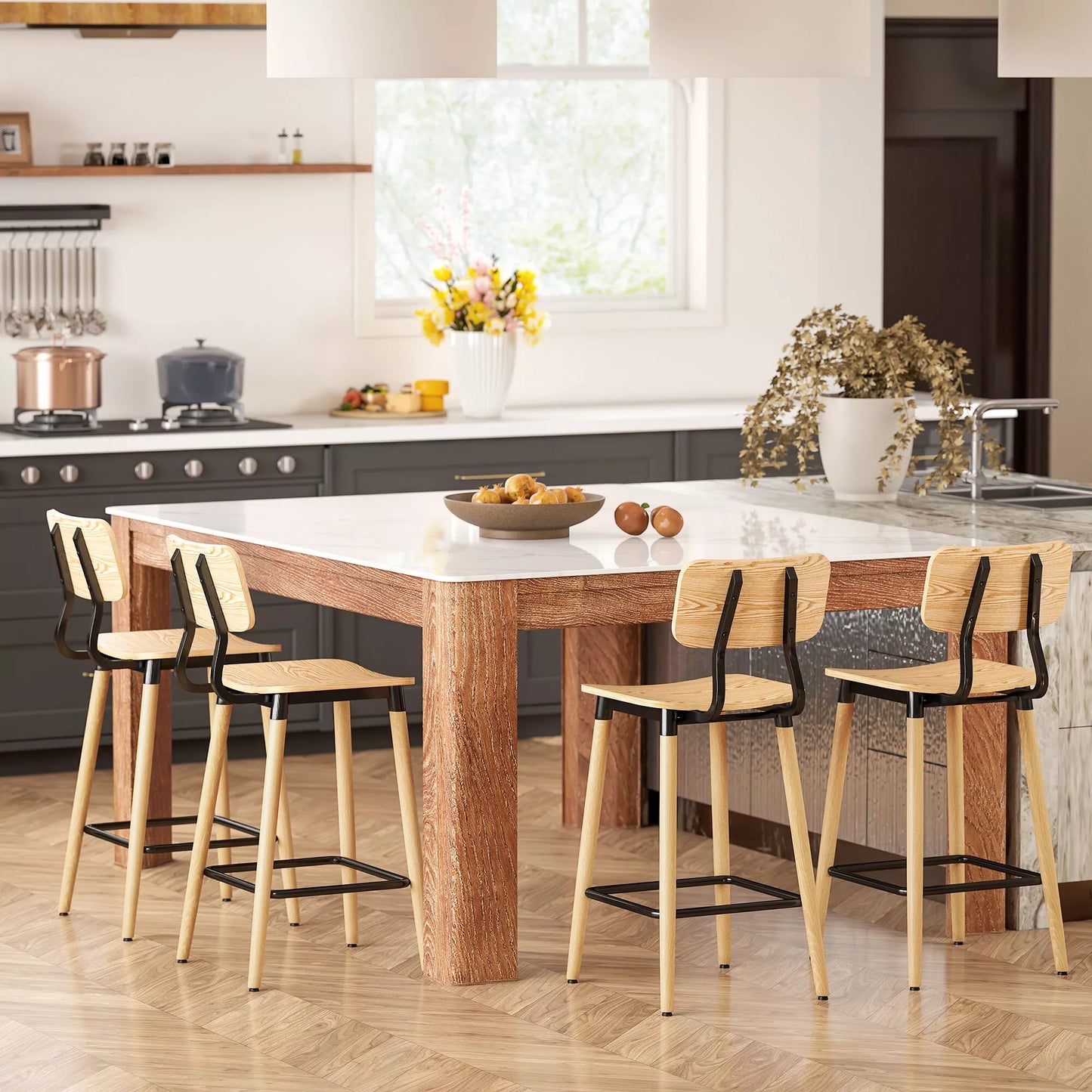 2 vnt. baro kėdžių su atlošu, baro kėdės namų barui, virtuvės salai, valgomajam, medžio, metalo, šviesiai rudos spalvos