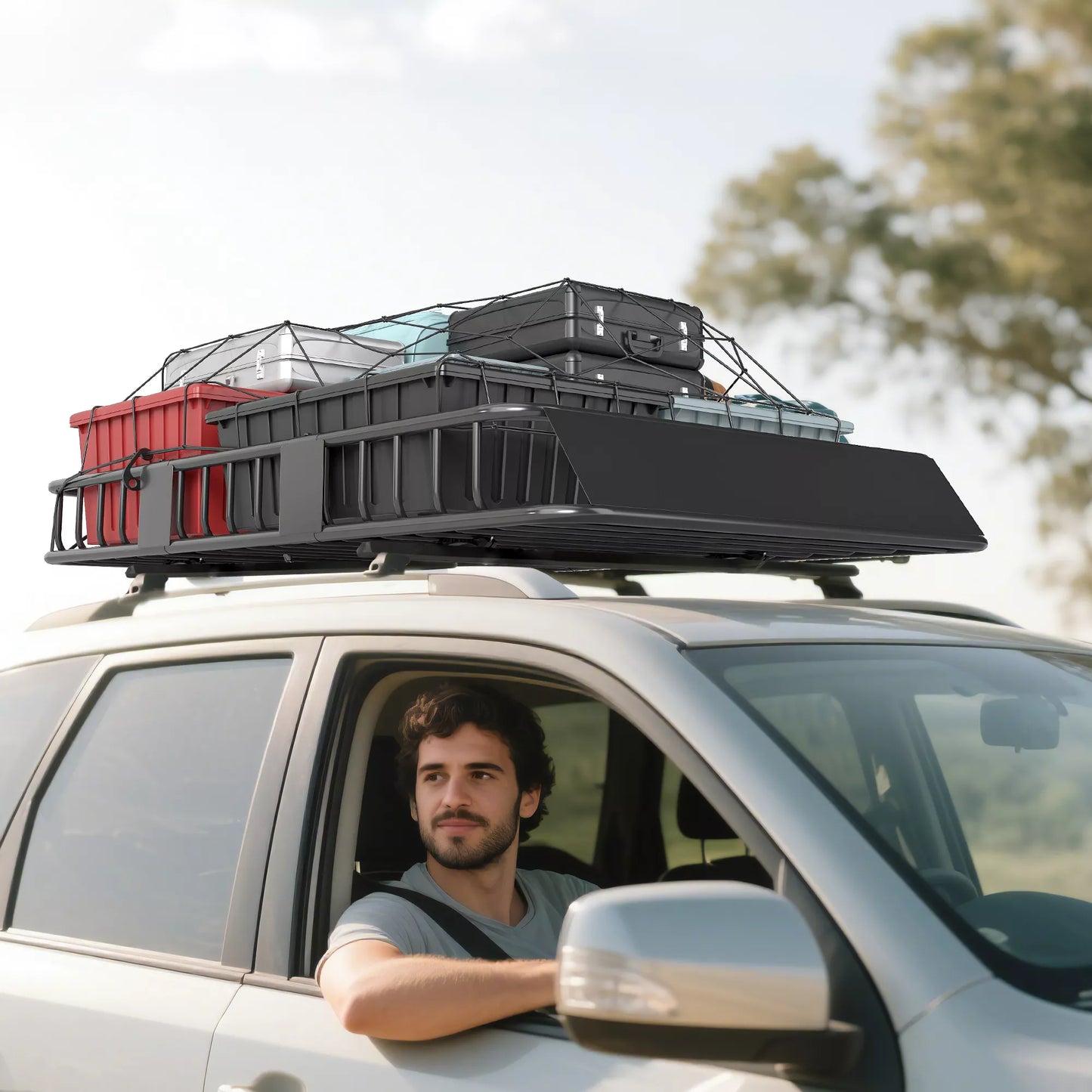 Universalus metalinis automobilio stogo bagažo krepšys, 162x99x16cm, keliamoji galia 100 kg, skirtas stovyklavimui, kepsniams, kelionėms automobiliu, juodas