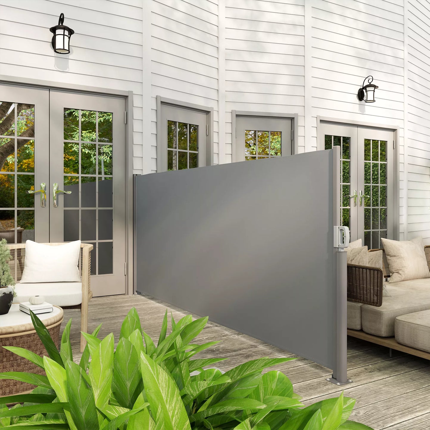 Ištraukiama šoninė markizė, nepermatoma, apsauganti privatumą, su sieniniu laikikliu, dengta, 300x140cm, tamsiai pilka