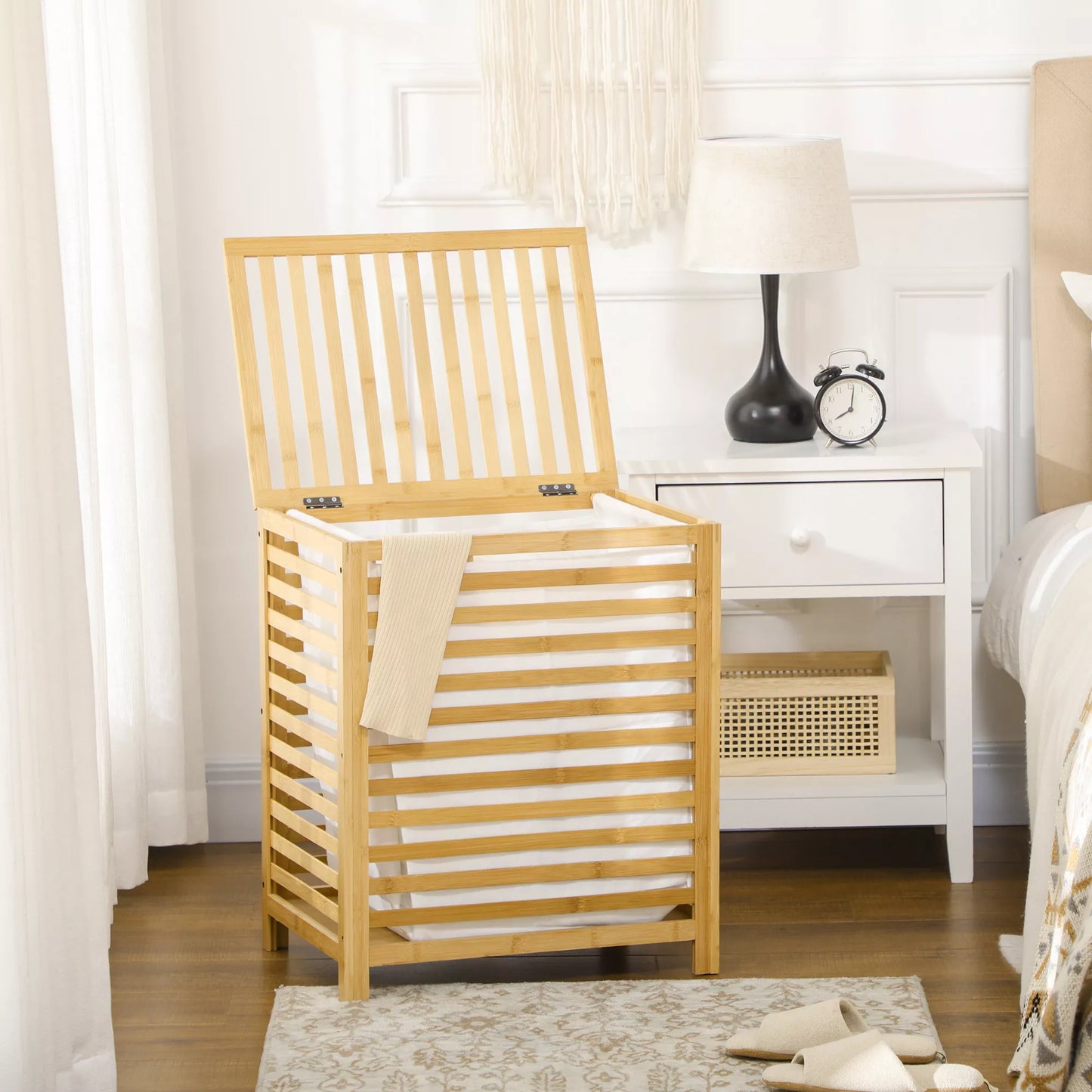 Bambuko skalbinių krepšys, su išimamu maišu, atsparus vandeniui, natūralios ir smėlio spalvos