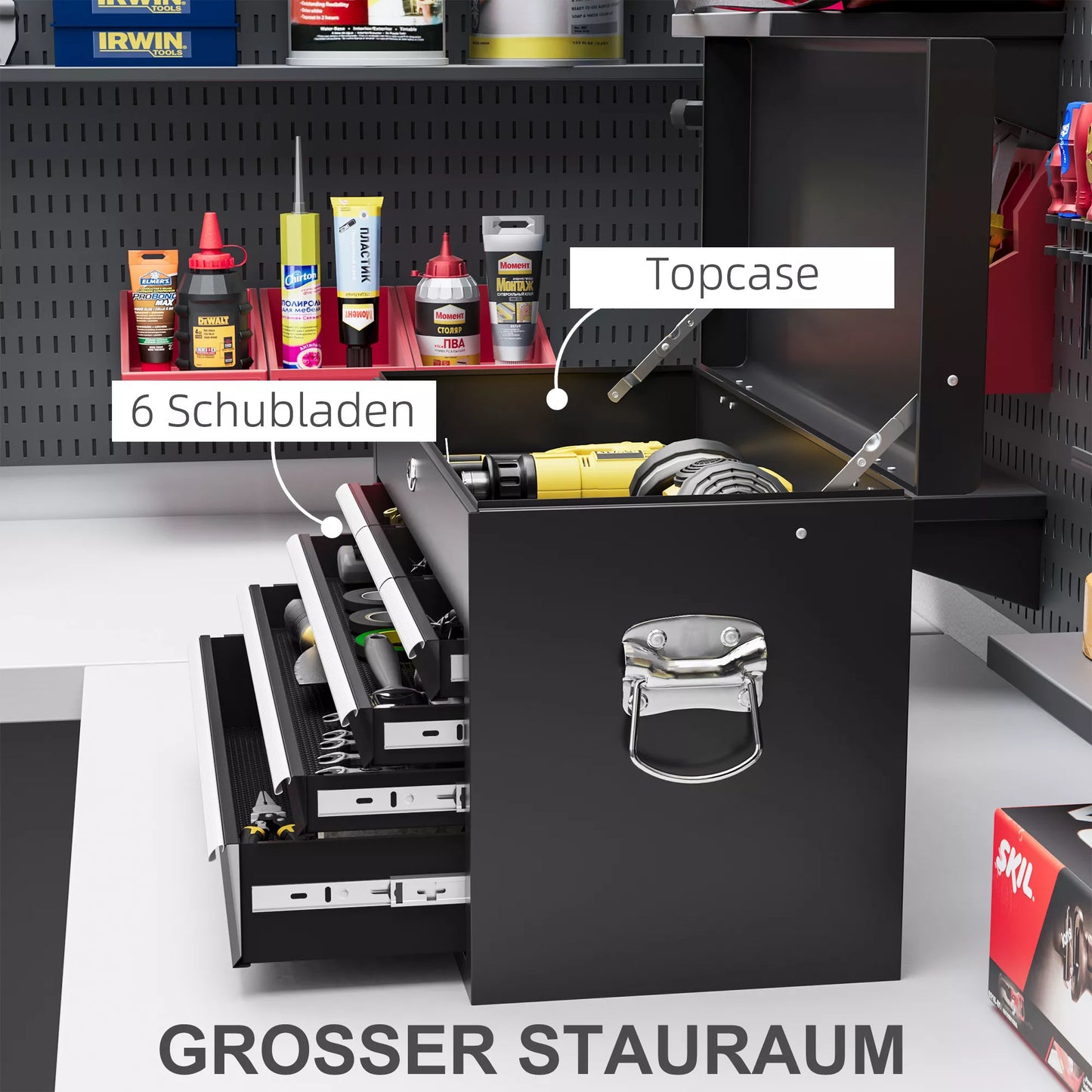 Užrakinama įrankių dėžė, 3 stalčiai, plieninė konstrukcija, 60x26x34cm, juoda