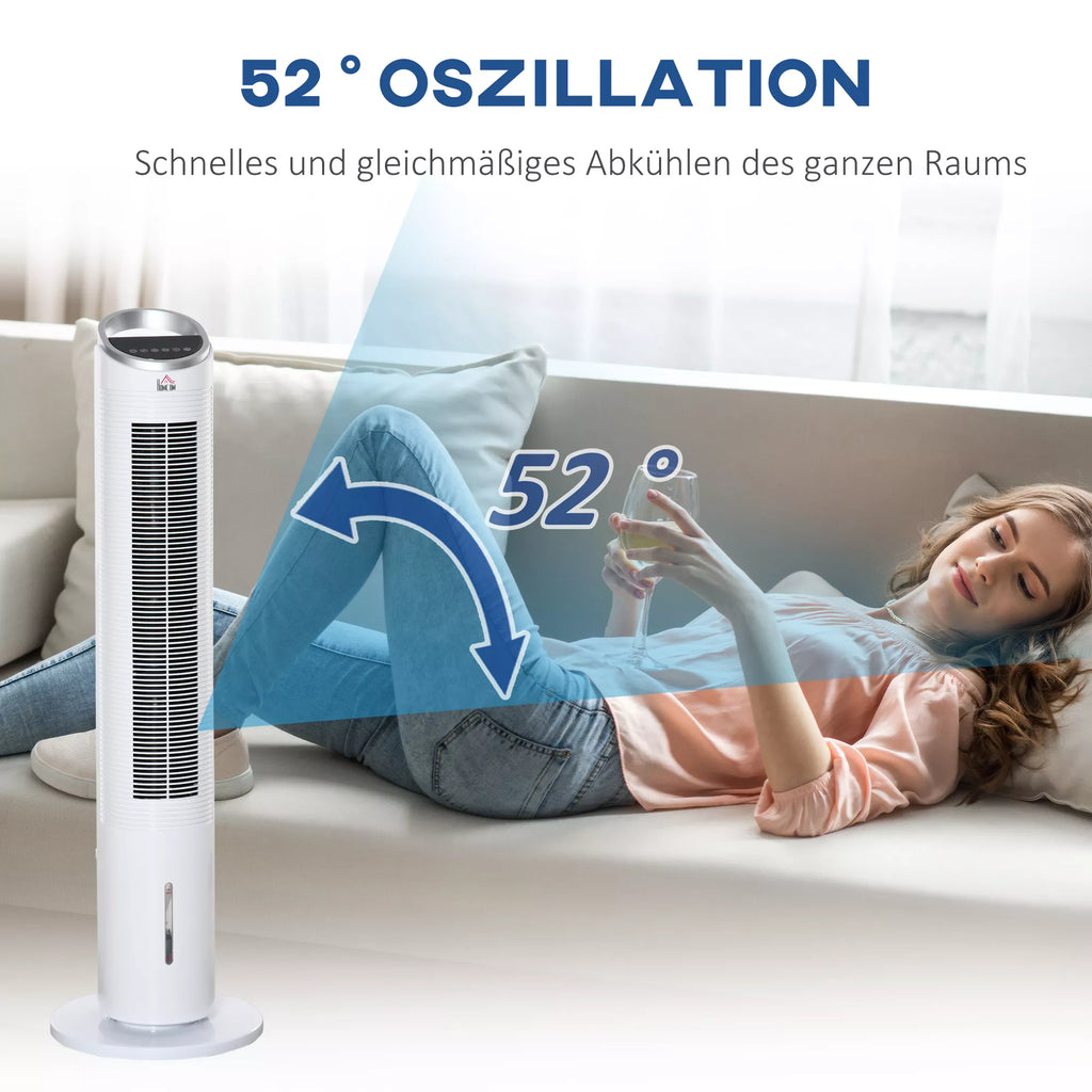 Vandens aušinimo koloninis ventiliatorius su nuotolinio valdymo pultu, 60 W, 20 m², 30 cm x 30 cm x 100,8 cm, 3 režimai, baltas