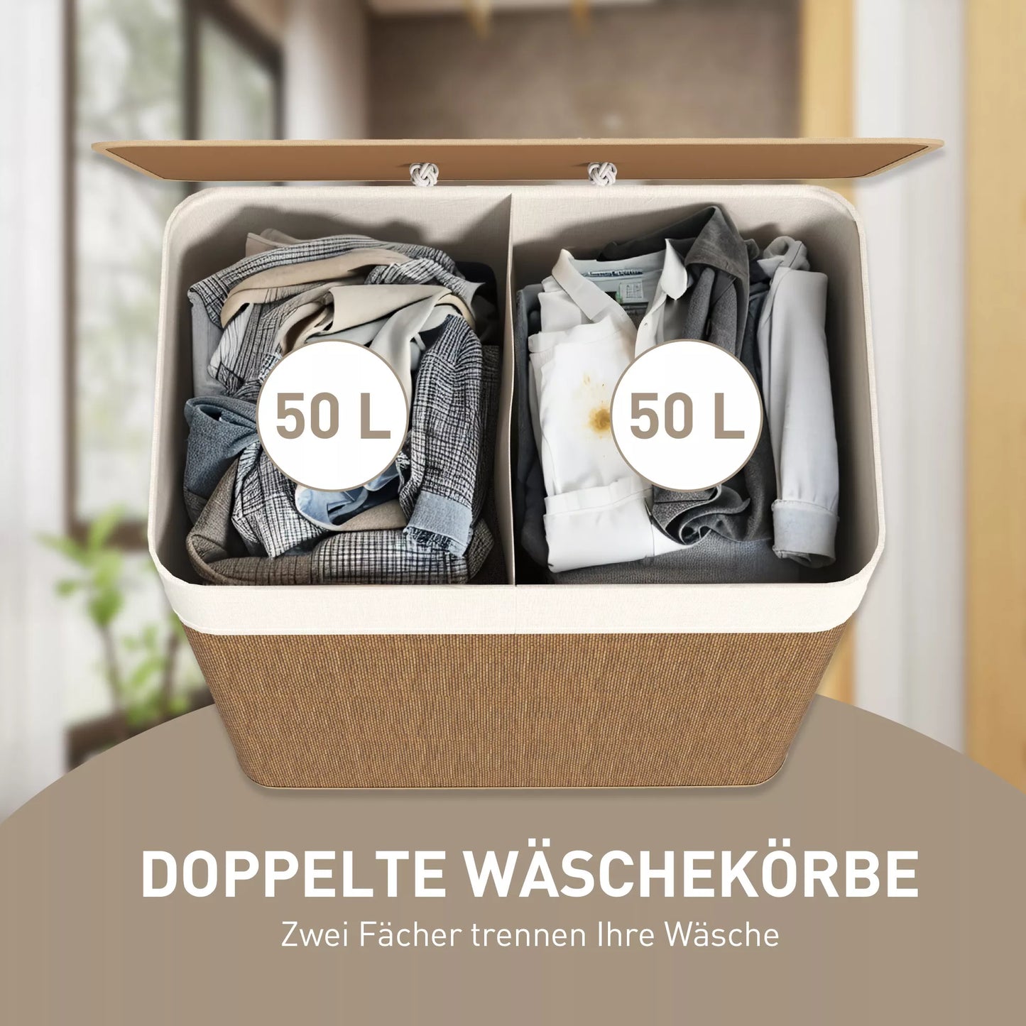 Bambukinė skalbinių dėžė su dangčiu, 2 skyrių, 100 L talpos skalbinių surinktuvas su virvinėmis rankenomis, išimamas skalbinių maišas