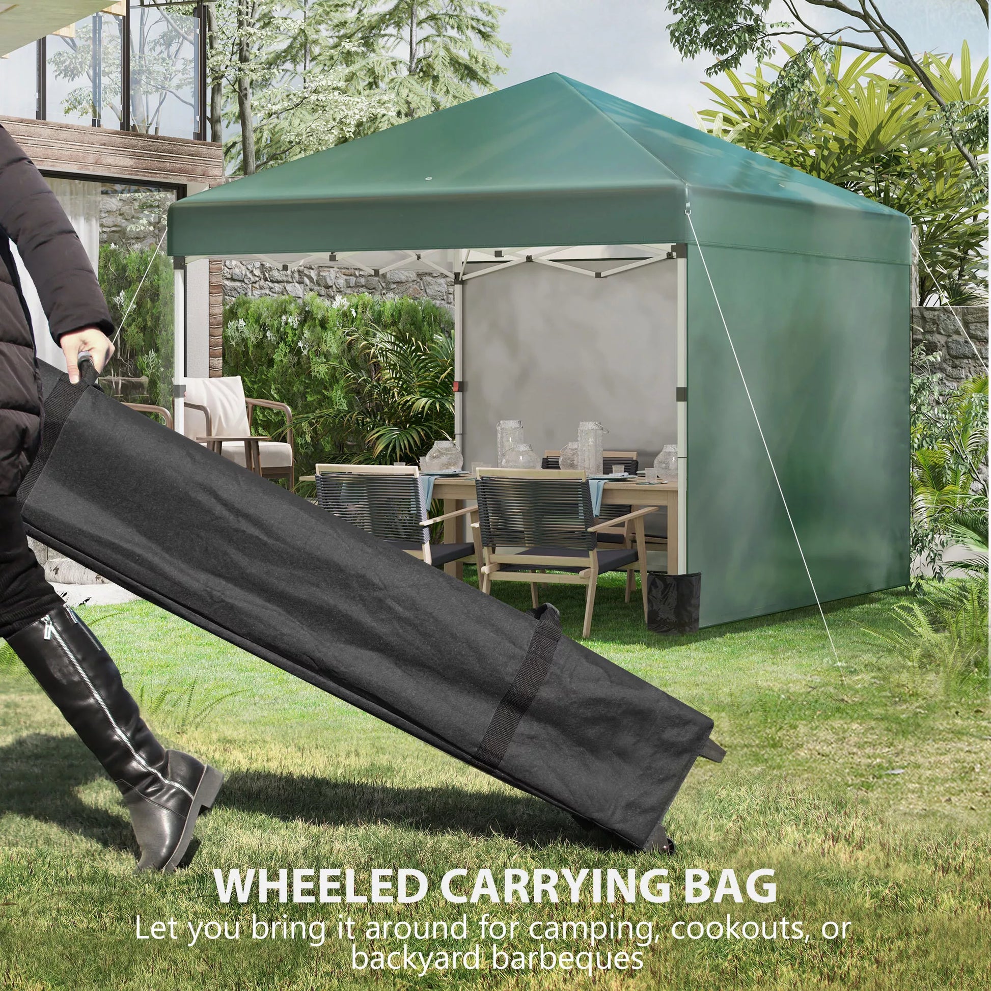 Suldamasis paviljonas, 2 šoninės sienelės, reguliuojamas aukštis, su transportavimo krepšiu, nerūdijančio plieno rėmas, 3 x 3 m, žalias